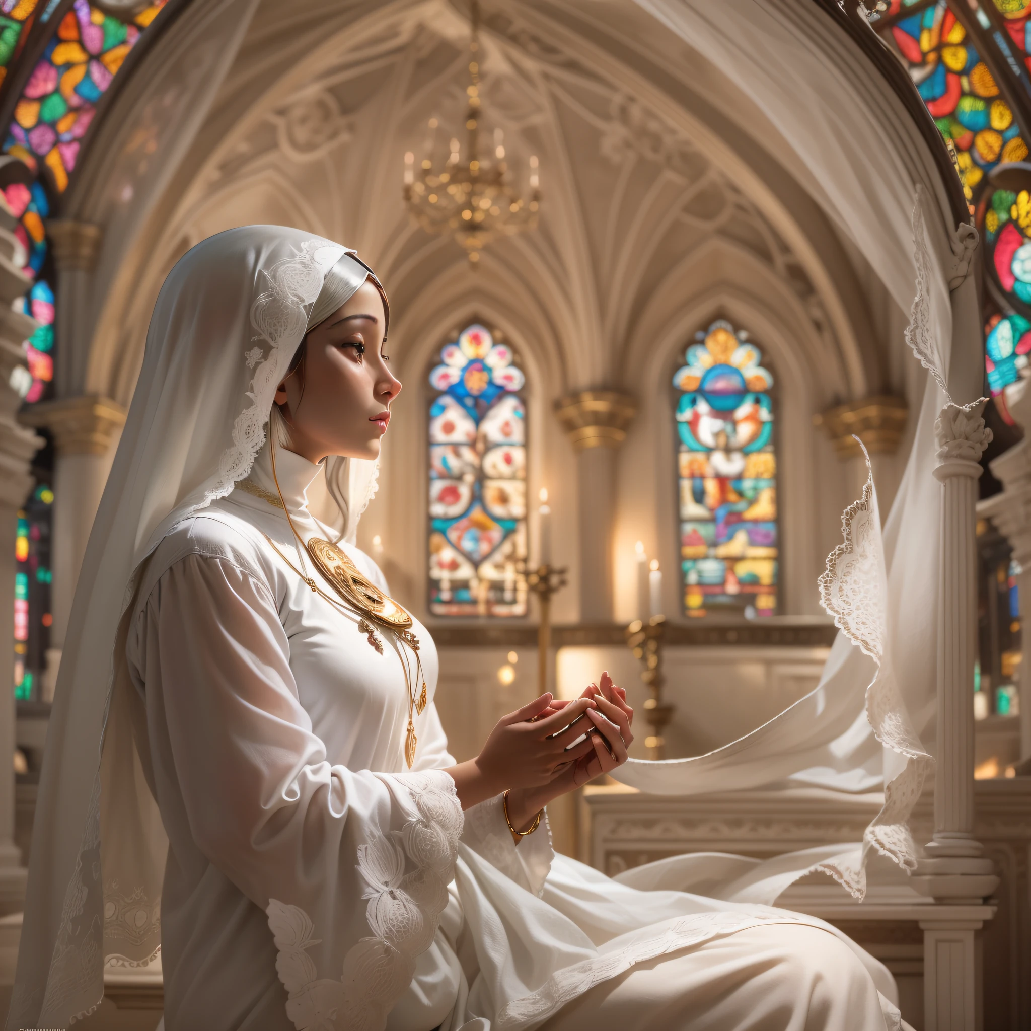 Enter a quiet and reverent scene as a woman gracefully dresses like a nun in a white habit, adorned with delicate religious symbols and accessories. It is within the solemn atmosphere of a beautiful church, surrounded by ornate stained glass windows that project ethereal colors onto the serene atmosphere. Os suaves raios de sol filtram-se suavemente, iluminando a cena com um brilho celestial. The woman exudes a sense of inner peace and devotion, with hands clasped together in prayer as he embraces the spiritual environment of the sacred space. The serenity and reverence in his expression inspires a sense of calm and contemplation, making it a powerful and deeply moving image of devotion and faith.