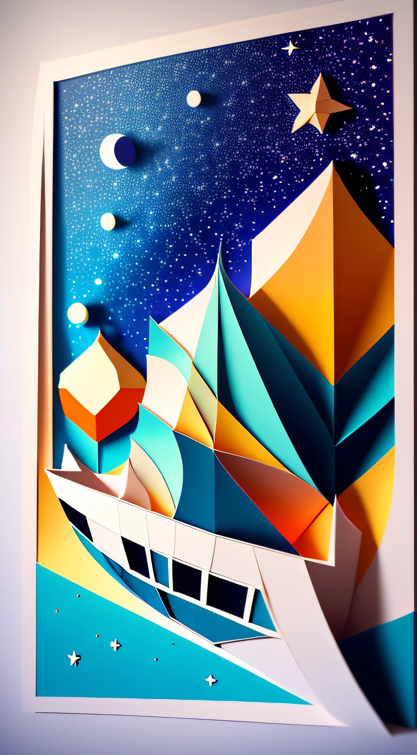 Close-up of the cosmic poster, paper modeling art, paper art, papercraft, paper craft low poly, animation printed poster, 2D/3D mashup poster design, layered paper art, Paper crafts, arte em papel cortado, Realist poster, kosmos, made of paper, layered paper style, made of paper,cold shades,solid blue background,White boat,Lots of little stars on a blue background --auto
