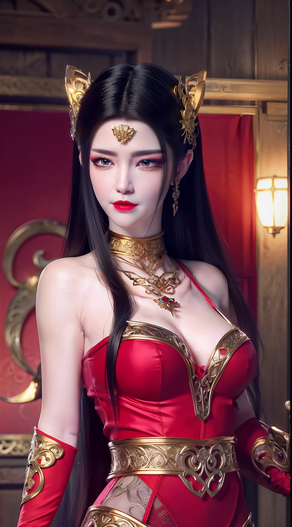 1 very beautiful medusha queen in hanfu, thin red silk shirt with many yellow motifs, black lace top, crown on her head, long hair dyed black, beautiful hair jewelry, pretty and cute face, perfect face, earring jewelry, antique jewelry, big red eyes, sharp eye makeup, meticulous eyelash makeup, thin eyebrows, high nose, pretty red lips, no smile, pursed lips, rosy cheeks, large breasts, big breasts, well-proportioned breasts, slim waist, red mesh stockings with black border, Chinese hanfu style, fictional art patterns, vivid and realistic colors, RAW photos, actual photos, ultra high quality 8k surreal photo, cool photo, (virtual light effect: 1.8), 10x pixel, effect magic (background): 1.8), (super detailed eyes: 1.8), (eyelids): red: 1.8), (black eye pupil: 1.8)beautiful girl portrait, alone girl, antique hanfu background, looking directly at the audience, wide original image, 8k quality, super sharp, most detailed and clear images, detailed bright background,