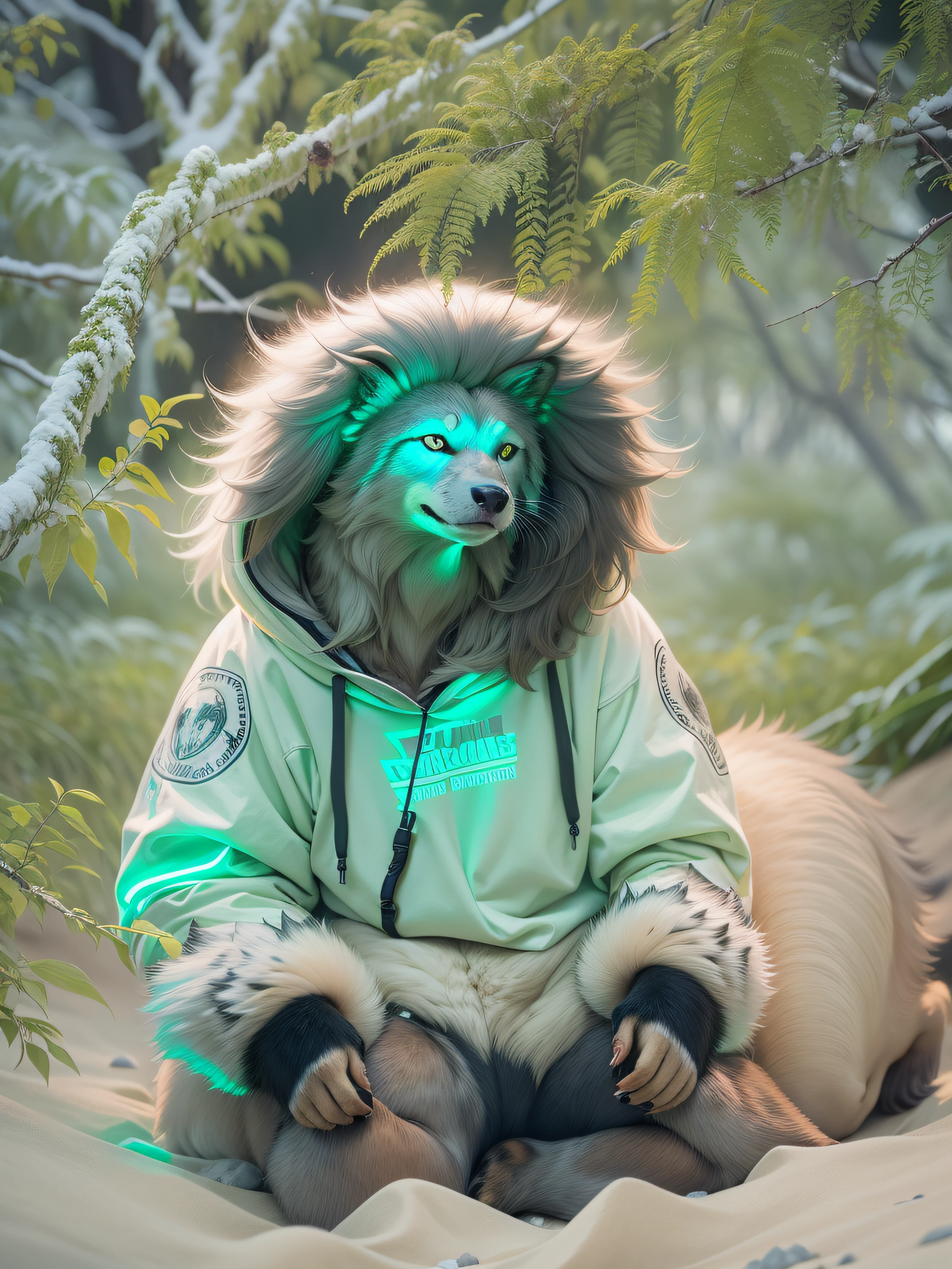 Egyptian panko breaded hoodie worn by Australian arctic wolf in perfect world, glow in the dark