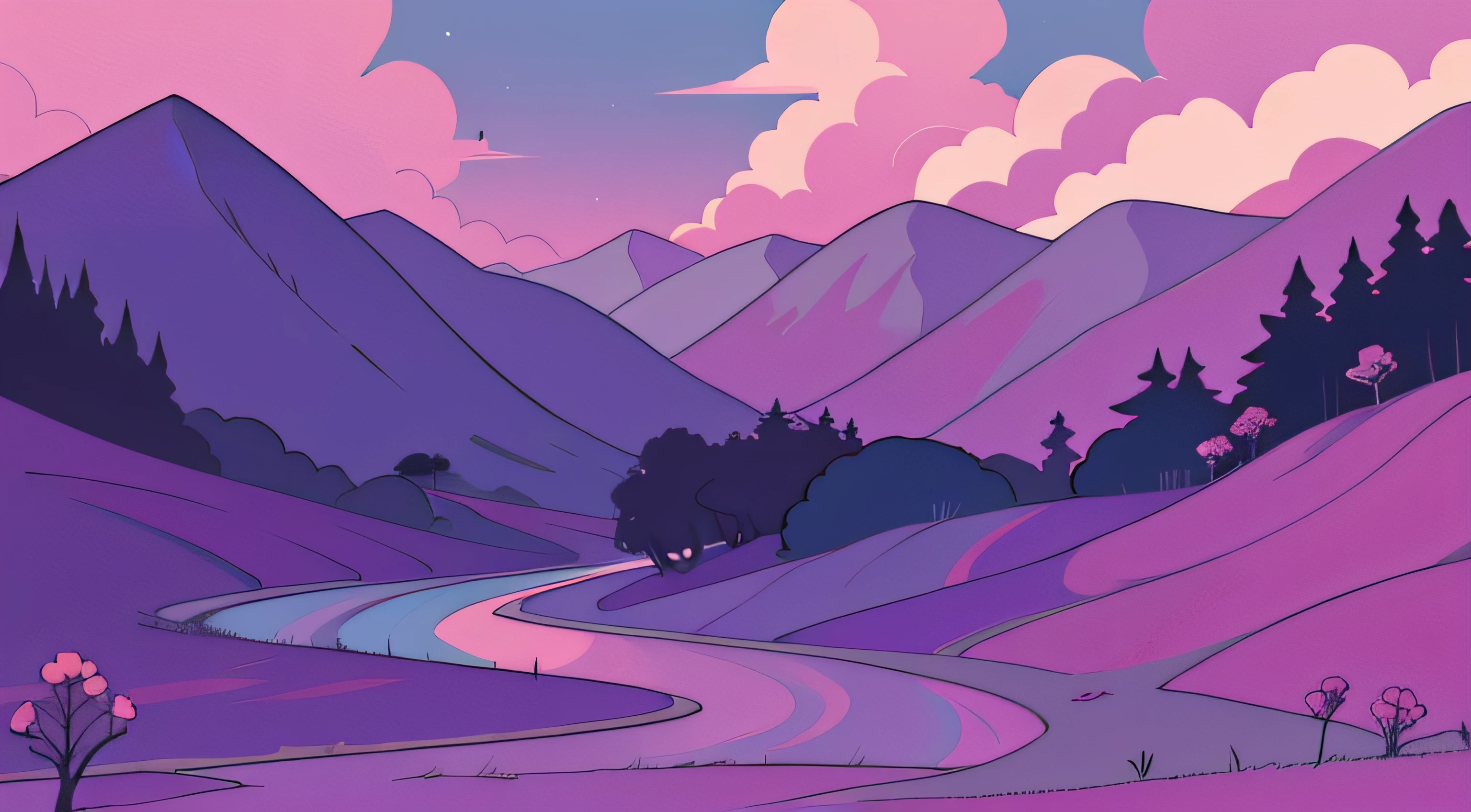 paisagem simples, paisagem ilustrada, cores principais rosa, roxo e preto.