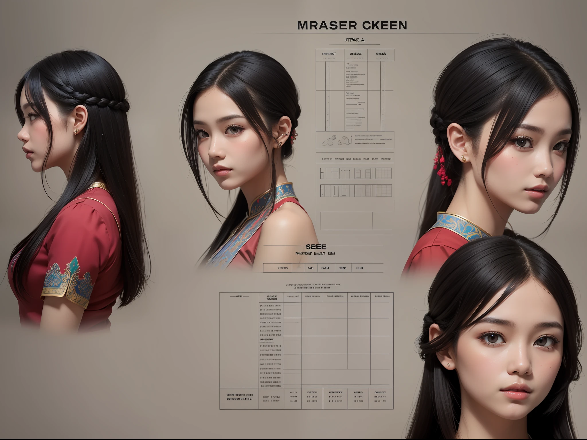 (masterpiece), ultra-detailed, 3 views, front view, side view , back view, different hairs design, ((A character sheet:1.4)) or reference sketch of a girl, with Burmese traditional dress, long hair, black hair, glowing skin, pure look, ultra-realistic and sharp detail and intricate, intricate details, and style, simple background illustration