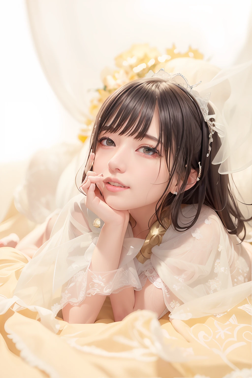 There was a young girl lying on the bed in a white dress, Guviz-style artwork, Guviz, Kawaii realistic portrait, Smooth anime CG art, Guweiz in Pixiv ArtStation, anime visual of a cute girl, guweiz masterpiece, Guweiz on ArtStation Pixiv, a beautiful anime portrait --auto