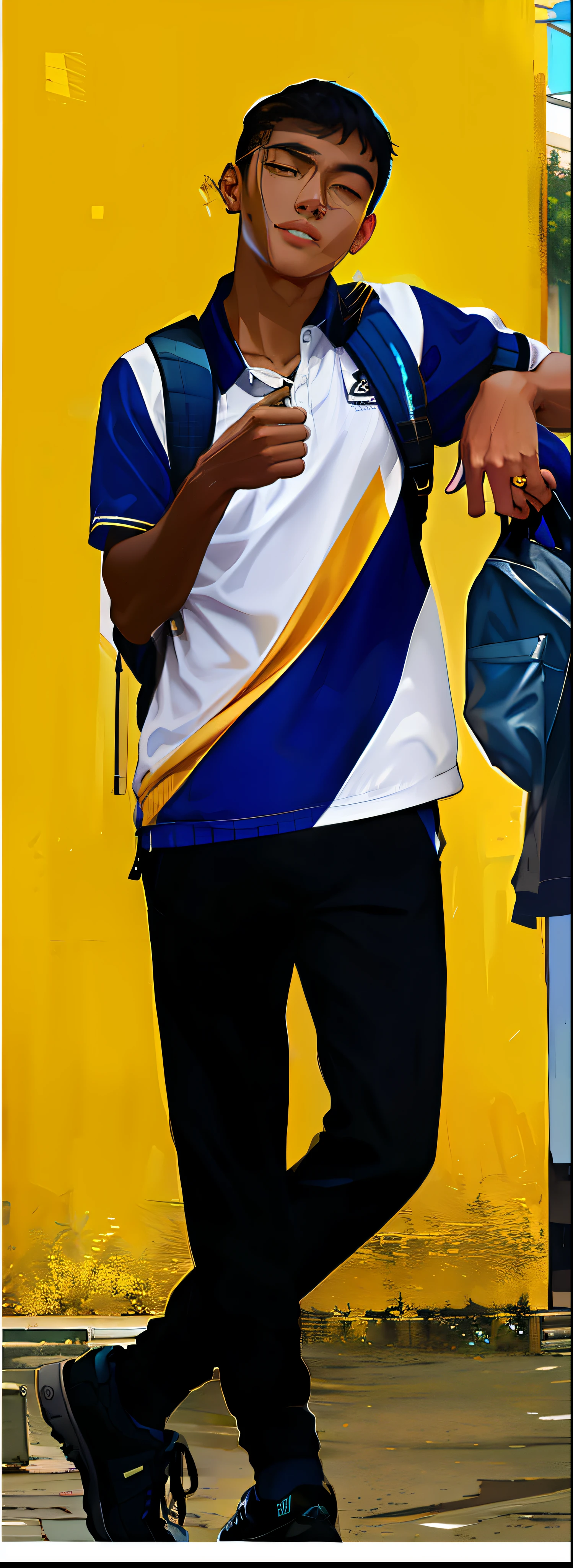 there is a man walking down the street with a backpack, white + blue + gold + black, in blue and yellow clothes, blue gold and black, blue and white and gold, blue and yellow, wearing polo shirt, blue and gold, candid photo, photo of a model, candid picture, wearing adidas clothing, black and yellow tracksuit, wearing a volleyball jersey
