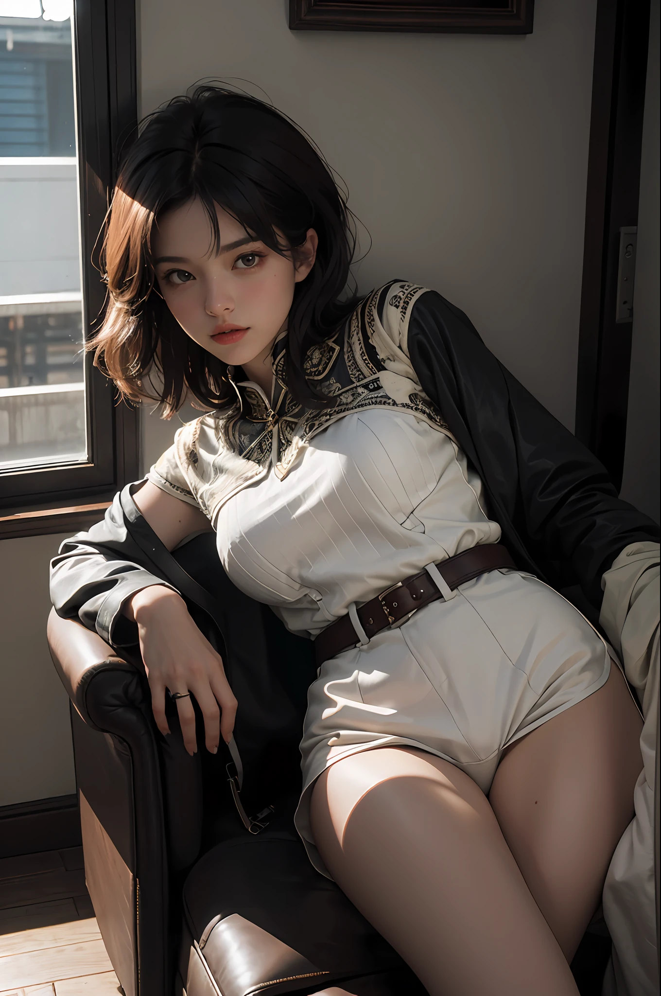 (RAW photos,4k,tmasterpiece,A high resolution,extremly intricate)(realisticlying:1.4),cinmatic lighting,straitjacket
1 girl, Single focus, Summer noon, thermography, 1990's\(styled\), cowboy lens, inside in room