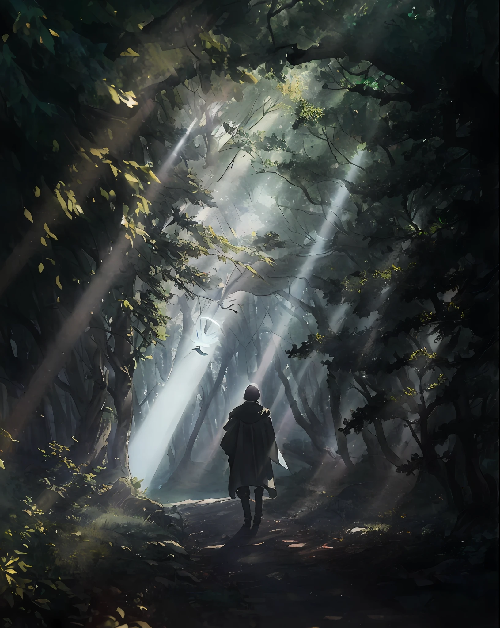 arafed person walking down a path in a forest with sunbeams, rays of life, beams of sunlight, beams of light, holy light rays, some rays of light, rays of light, standing under a beam of light, unsplash contest winning photo, shafts of light, sunlight beams, standing in the mystical forest, light coming through, sunlight rays