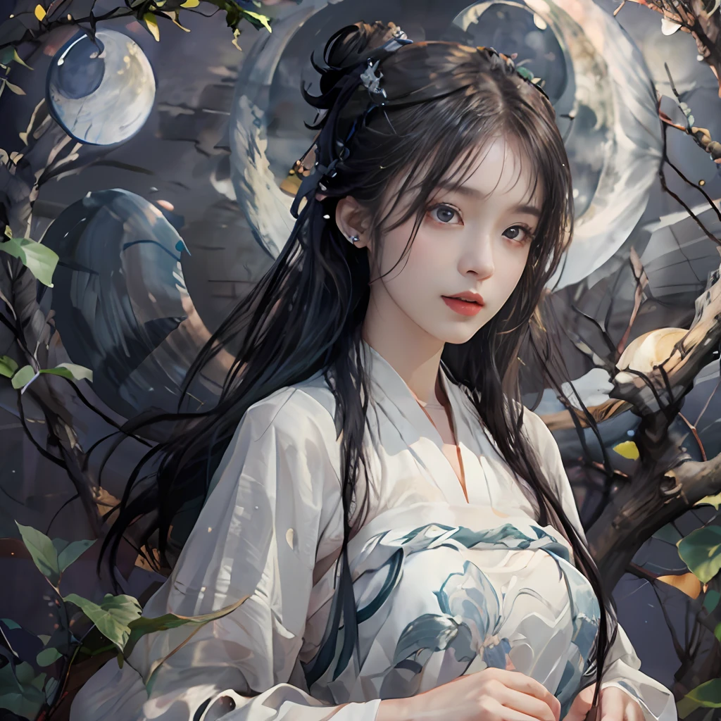 a 20-year-old woman, a girl Chinese fairy, gloom face, beautiful Chinese fairy tale face, beautiful face without flaws, slender body, fair skin, thin and beautiful lips, dont smile, (keep your mouth shut again:1.2), (The scene of the moonlight is magical:1.8), the full moon shines, moonlight, the moon, (luxury house in ancient Chinese style:1.2), Chinese-style bun hair, shiny black hair, flying hair, long hair, blue eyes sad gaze, twinkle eyes, big round eyes and very nice and detailed makeup , holy woman body, breasts round, big and round breasts, a beautiful face in detail and well-proportioned eyes, meticulous makeup, drooping arms, Realistic and vivid images, stars that make up the sky, sexy body, most beautiful eyes, picture perfect eyes, beautiful saint and flowers, jewelry, beautiful face, upper body, hanfu, high resolution, best quality, best photo, 8k quality, 8k ultra, surreal, best real life photo, hdr, high skin detail, Bokeh, Smooth and sharp, 10x pixel increase, fictional art, 8k CGI, realistic, medium shot, (upper body), (white hanfu:1.8), by Mappa, five finger,