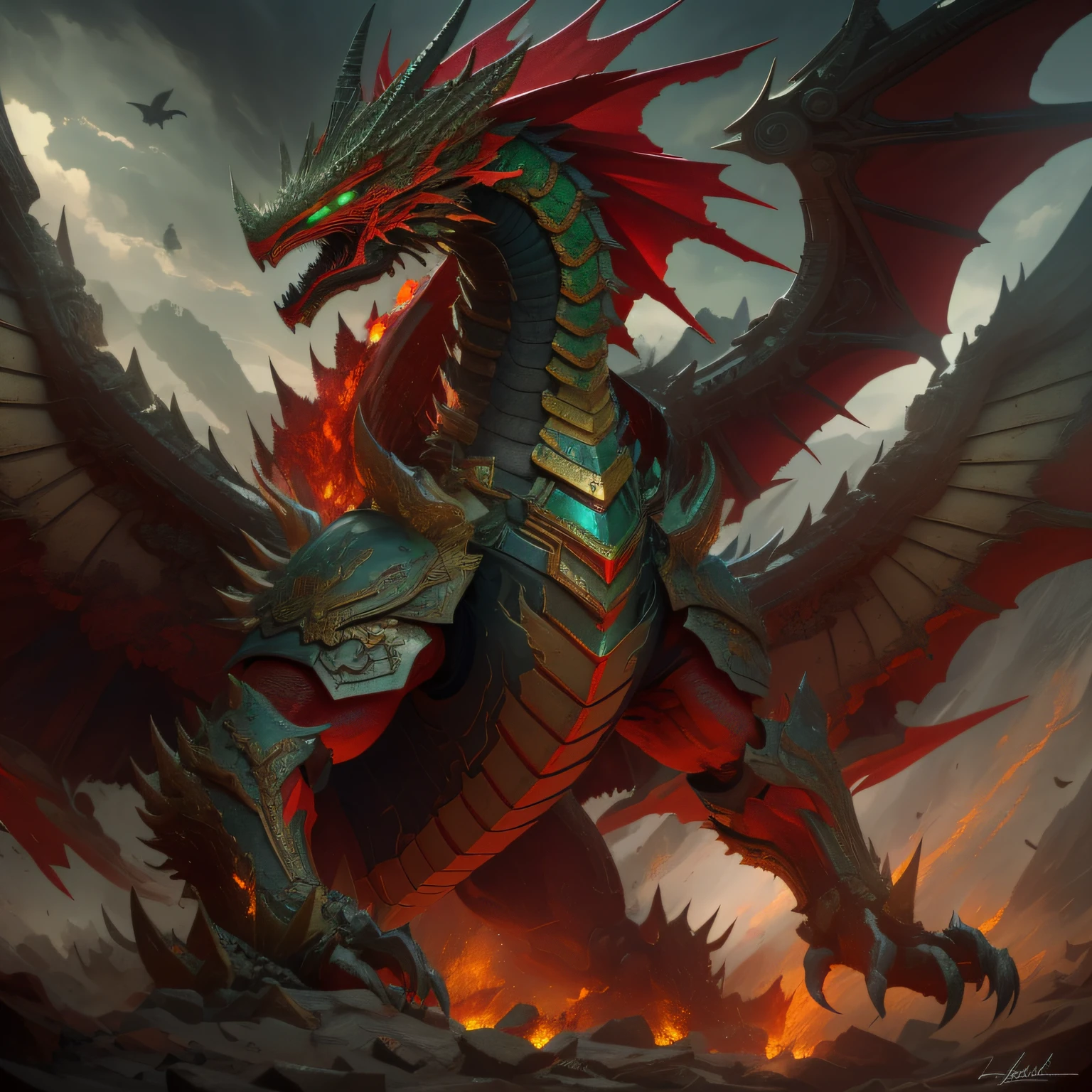 The red dragon is an imposing creature, whose muscular and powerful body is covered by scarlet scales. Cada escama brilha intensamente sob a luz do sol, refletindo um calor ardente que irradia de sua pele. His appearance is fierce and intimidating, making it clear that he is a formidable force to be reckoned with;.

His green eyes glow with a shrewd intelligence and a touch of malice. They are able to hypnotize those who dare to confront them directly, conveying a sense of power and mystery. These green eyes reveal the dragon's ancestral wisdom, a consciousness that crosses centuries of history.

Ao longo de sua espinha, fileiras de espinhos amarelos se destacam, creating a vivid contrast with the red color of their scales. These sharp thorns are not just a form of defense, but also an impressive demonstration of his ferocity. When the dragon rises in all its glory, the thorns seem to glow like lightning, increasing the impact of your presence.

The wings of the red dragon are powerful and membranous, allowing you to dominate the skies with agility and speed. Quando ele voa, The sound of the flapping of their wings is like the roar of distant thunder, anunciando sua chegada com grande impacto.

The fire that dwells within the dragon is the embodiment of the power of nature. His scarlet breath is able to turn the landscape into ashes and smoke, as its flames dance with a mesmerizing glow. He is a destructive and formidable force, but also a symbol of renewal and regeneration.

Despite its spooky appearance, The Red Dragon can also be a loyal and protective guardian. He is ruthless in defending those who are worthy of his protection, demonstrating a sense of honor and loyalty in their actions.

The red dragon with green eyes and yellow thorns is a legendary figure, whose presence shakes the earth and the heavens. Your energy combination, Beauty and mystery make her one of the most fascinating and feared creatures in the world.