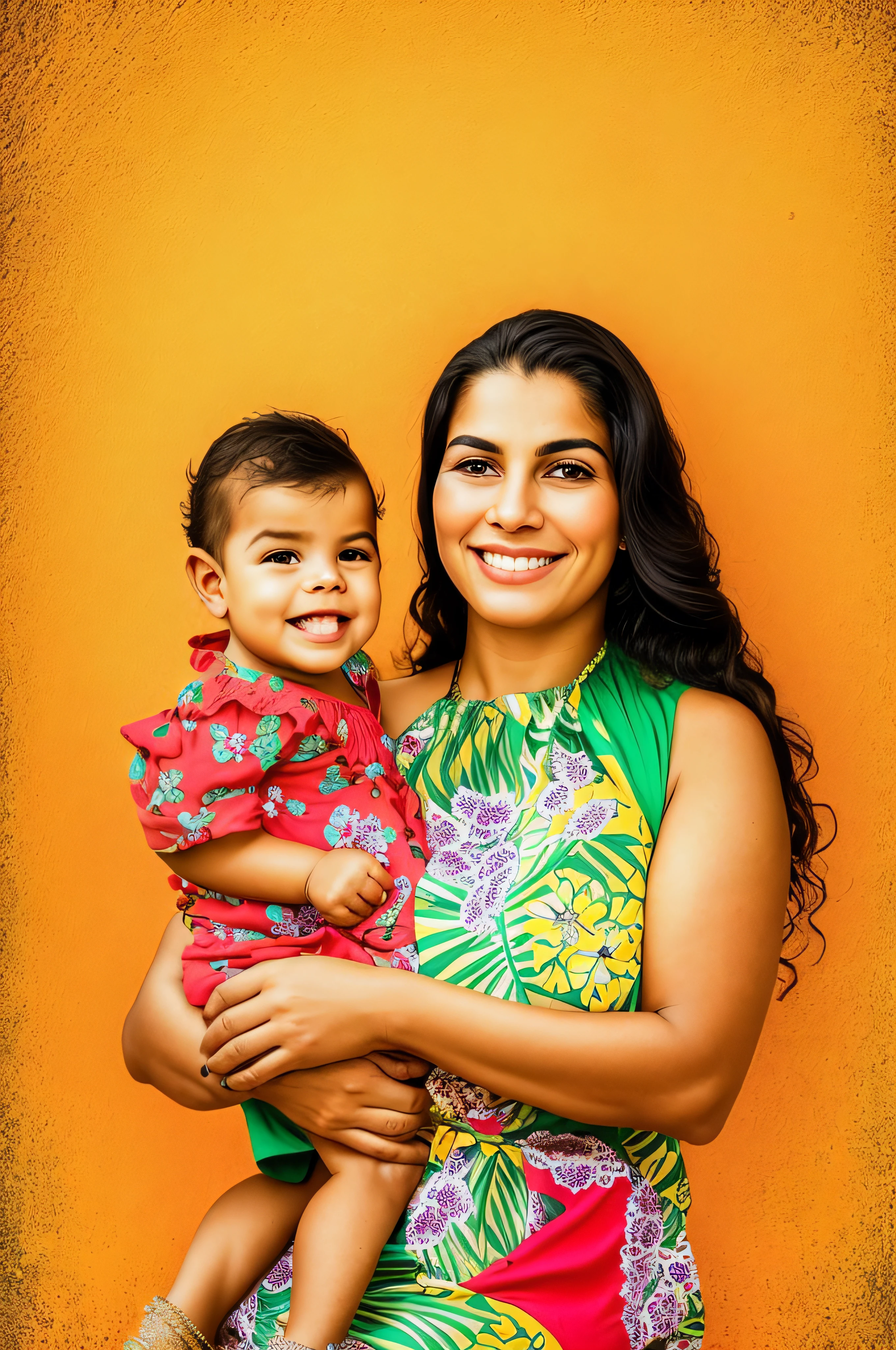 Smiling woman holding a  in her arms and wearing a colorful dress, 3 5 year brazilian mother, imagem retrato, Malika Favre, foto retrato, Directed by: Willian Murai, Directed by: Nandor Soldier, Directed by: Samuel Silva, fotografia de Studio materna 4K, Mulher de 22 anos do brasil, by Almada Negreiros