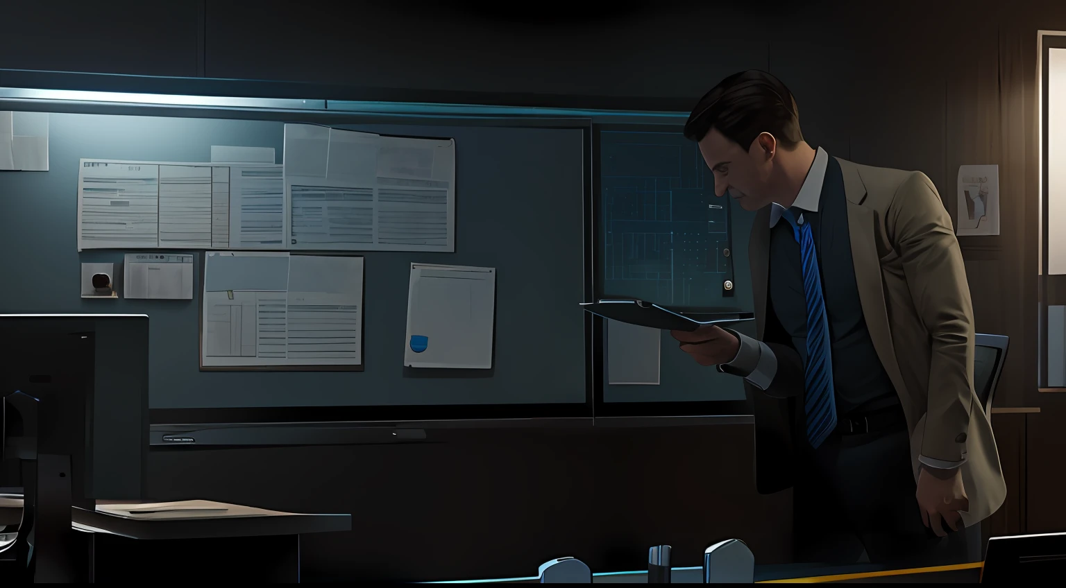 A perfect photo of a detective inside an office analyzing a board of an investigation , (best quality, photorealistic, hyper realistic, masterpiece, ultra realistic), HDR, 8k resolution, high resolution, high detail, --auto
