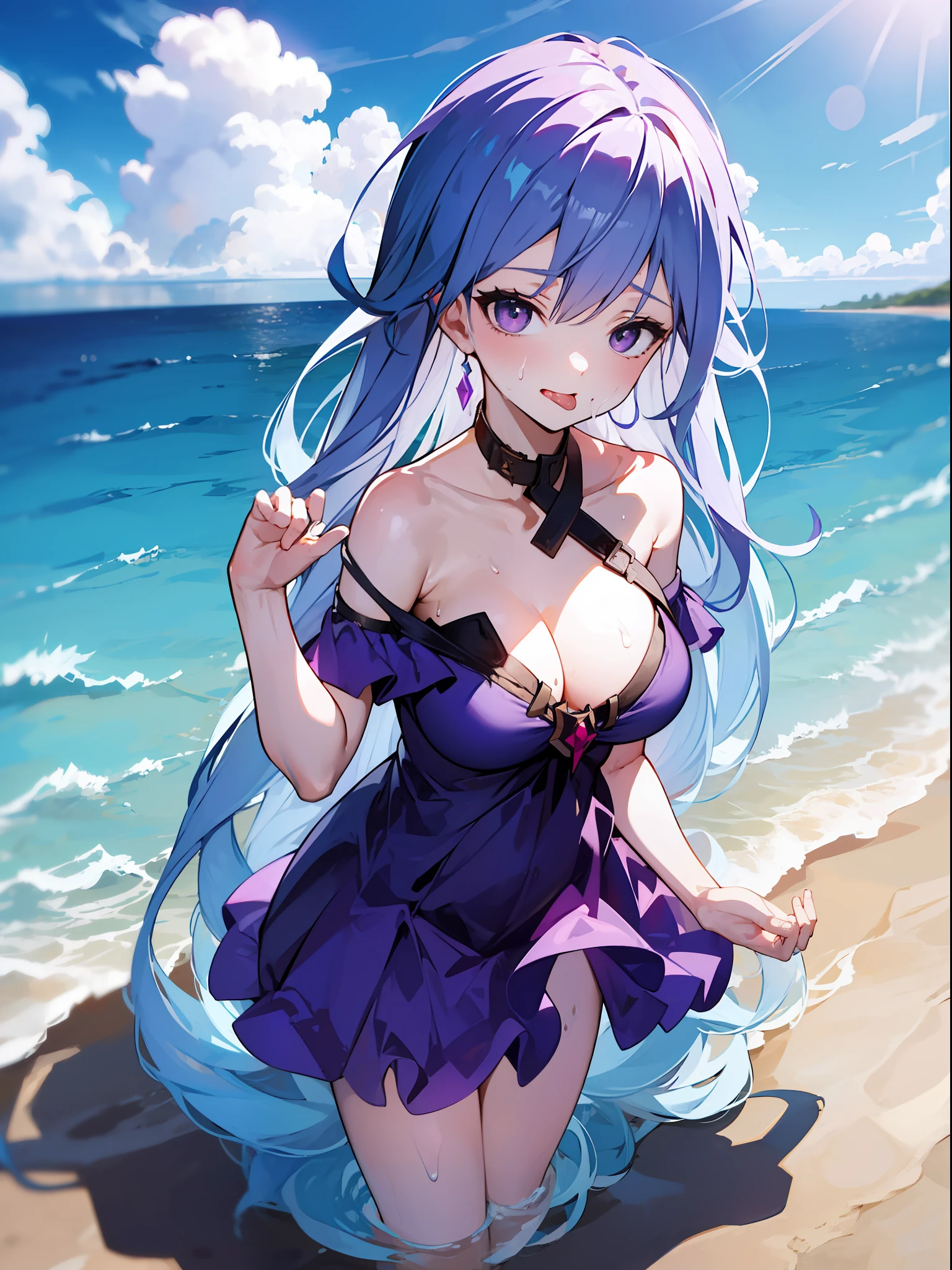 a girl with a hot body in a purple dress with purple hair inspired by the arena of valor's sinestrea making a watery face ahegao stick out her tongue and sweat on the sea,(full body can be seen)