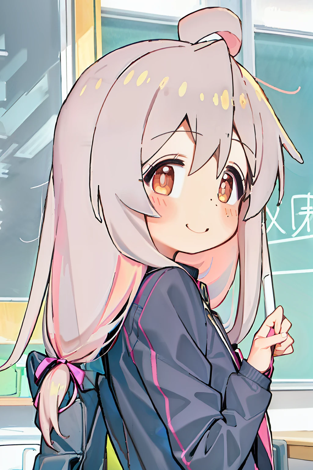 ChiakiDG, Masterpiece, Solo, 1girl, Looking at the Audience, Long Sleeves, Classroom, Smile, (Black Jacket: 1.2), Pink Eyes, Visible Eyebrows _ Through Hair, Pink Ribbon, Official Style, ((Sportswear)),