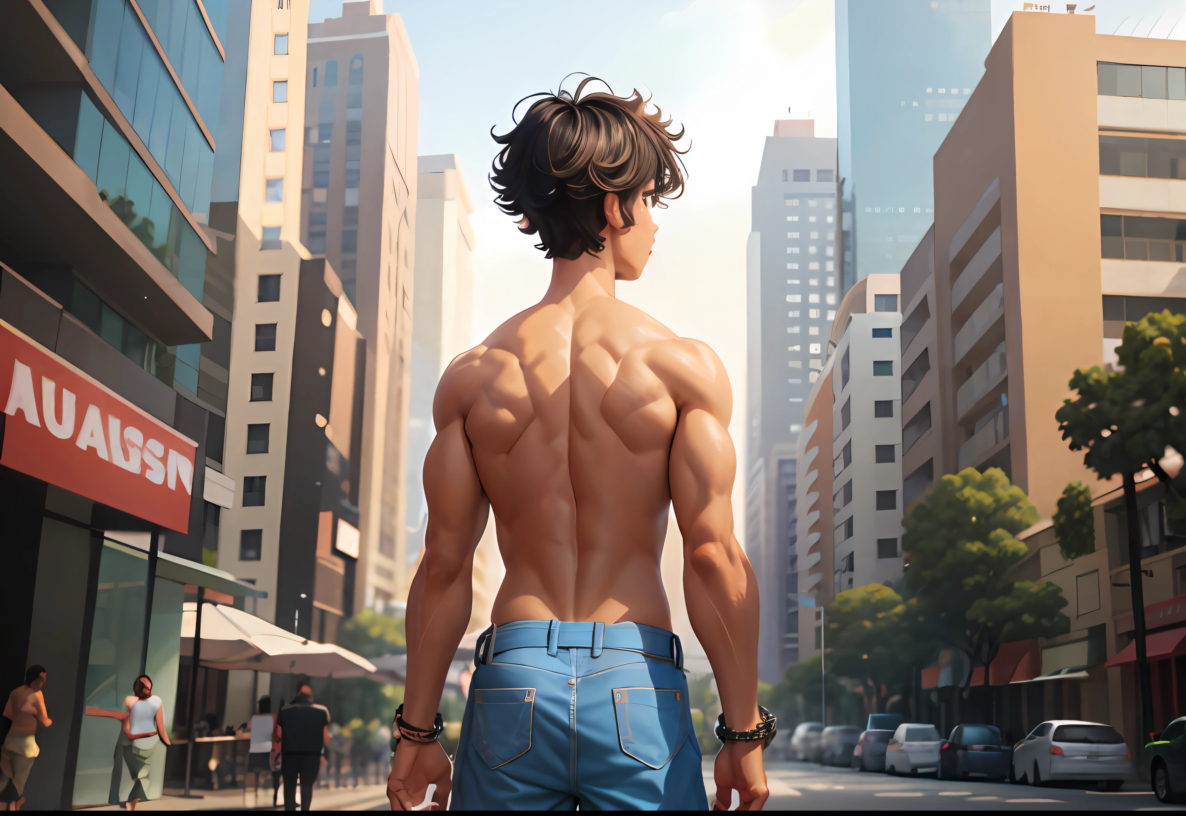 From behind we see the shirtless 15-year-old mixed-race boy , cabello liso de hombre, con piel canela sin ropa en la espalda caminando por una avenida de Nueva York, traje tribal africano esta perdido asustado busca algo o a alguien