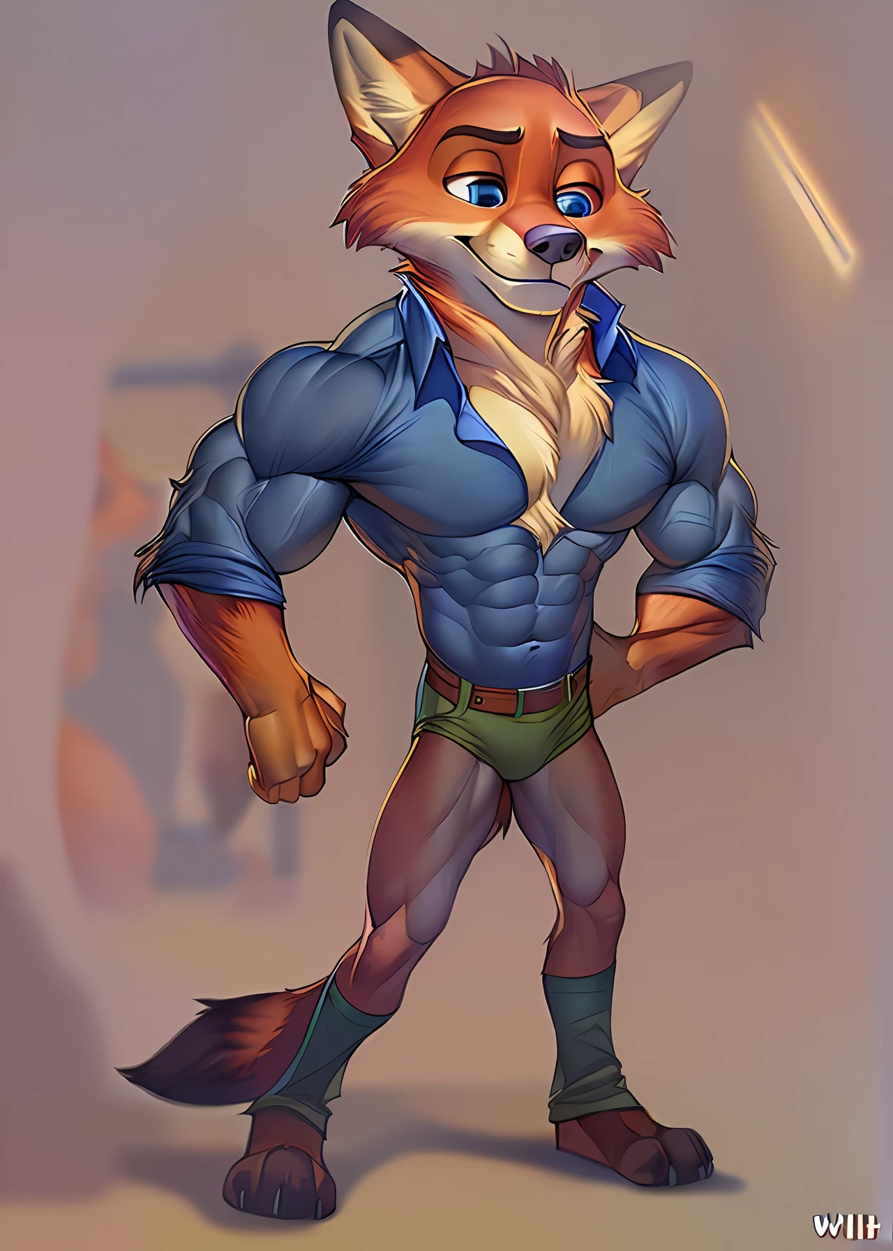 uploaded in e621, ((by Wildering, by Foxovh, by Disney)), Zootopia, solo ((nick wilde)) with ((neck tuft)) and ((fluffy tail) and ((light navy blue eyes)), ((half-length portrait)), (, BREAK, (detailed red fox nick wilde x nick wilde), (detailed lighting), ((detailed fluffy skin)), BREAK, ((in a gym flexing your muscles)), (cinematic lighting), ((detailed background)), ((depth of field)), (half-length shadow),  (((looking in the mirror, while his reflection shows nick wilde flexing his muscles))), (high-angle view), ((three-quarter view)), [backlight], [detailed ambient light], [gray natural lighting], [ambient light on the belly], [realistic proportions of a person with muscle hypertrophy], [explicit content, adult, NSFW], [sharp focus], (questionable content), (shaded), (high resolution), ((masterpiece))Muscular, muscular arms, muscular legs, bara, beefy,  muscular body, defined pectorals, defined abs.