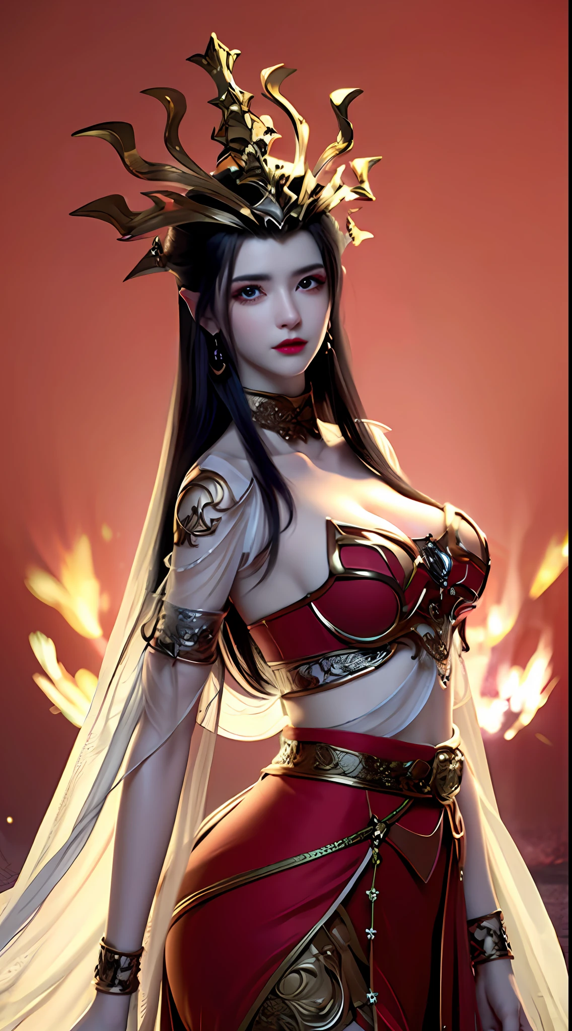 1 very beautiful medusha queen in hanfu, thin red silk shirt with many yellow motifs, black lace top, crown on her head, long hair dyed black, beautiful hair jewelry, pretty and cute face, perfect face, earring jewelry, antique jewelry, big red eyes, sharp eye makeup, meticulous eyelash makeup, thin eyebrows, high nose, pretty red lips, no smile, pursed lips, rosy cheeks, large breasts, big breasts, well-proportioned breasts, slim waist, red mesh stockings with black border, Chinese hanfu style, fictional art patterns, vivid and realistic colors, RAW photos, actual photos, ultra high quality 8k surreal photo, cool photo, (virtual light effect: 1.8), 10x pixel, effect magic (background): 1.8), (super detailed eyes: 1.8), (eyelids): red: 1.8), (black eye pupil: 1.8)beautiful girl portrait, alone girl, antique hanfu background, looking directly at the audience, wide original image, 8k quality, super sharp, most detailed and clear images, detailed bright background,