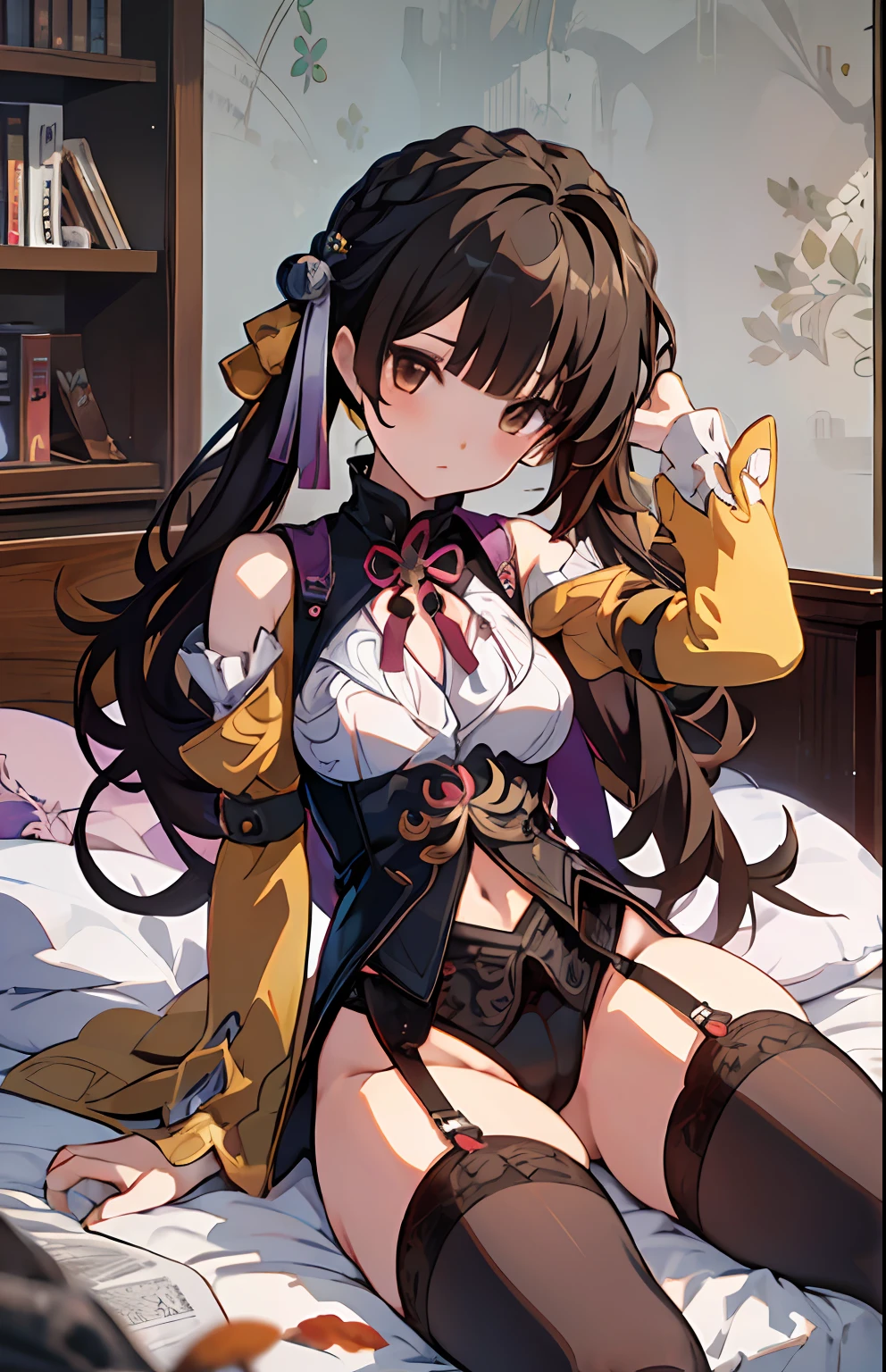 Masterpiece, best quality, sushang V4, 1 girl, alone, lying down, bed, long hair, breasts, small breasts, hair accessory, braids, lingerie, stockings, thighs