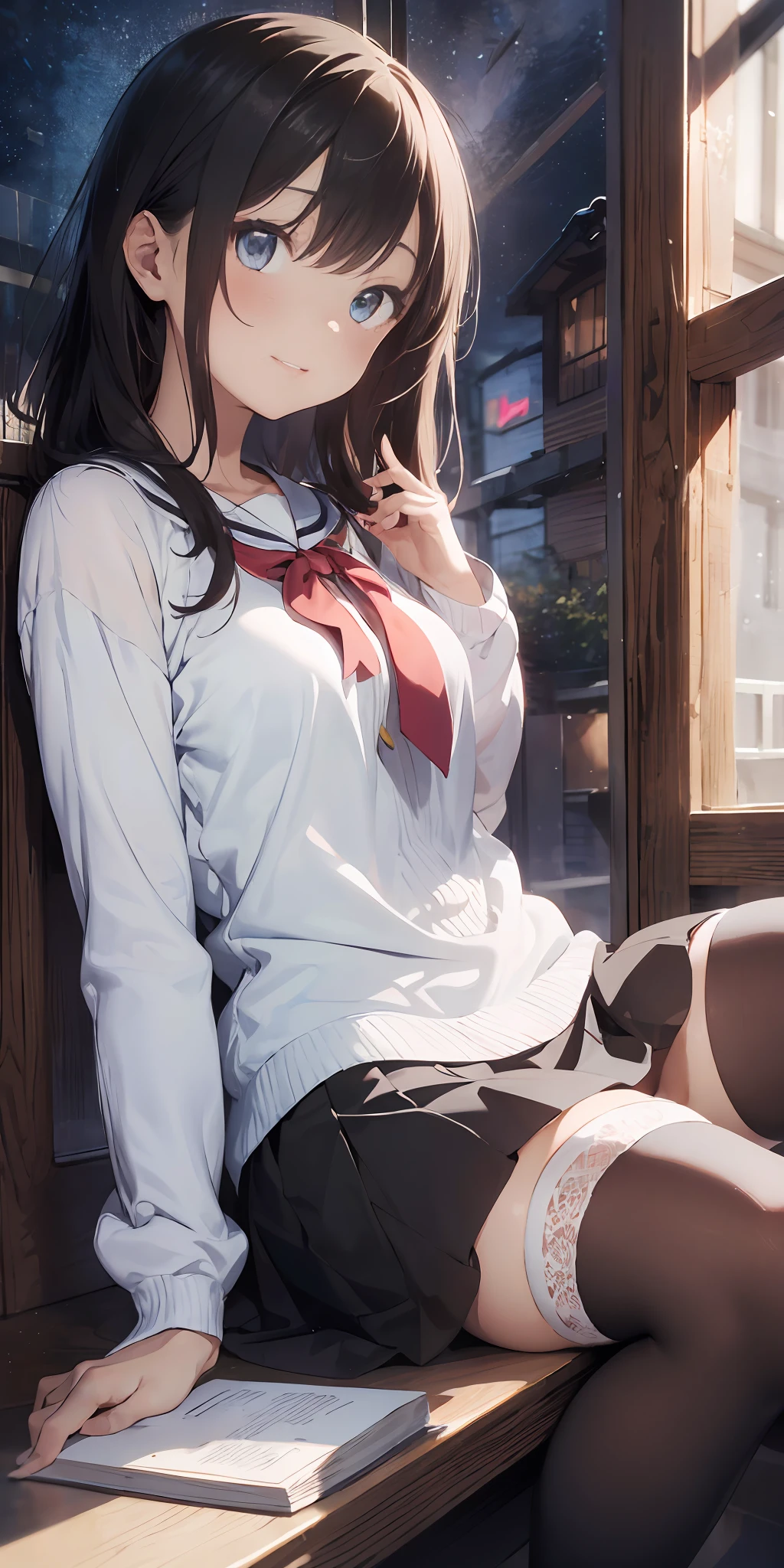 1girll, Beautiful detailed eyes, Brown hair long, Light blue eyes, 校服, High white stockings, Glossy glossy skin,Campus corridors,Place the closed book on your chest , High contrast,ssmile,Side Body,Head sideways,Walk,no head gear,Black JK skirt ,((Masterpiece, Best quality,16k,high qulity,Textured skin))