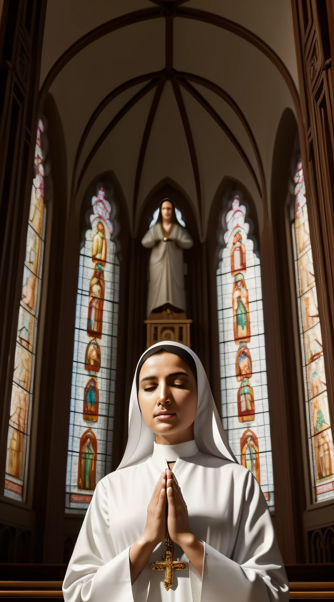 Enter a quiet and reverent scene as a woman gracefully dresses like a nun in a white habit, adorned with delicate religious symbols and accessories. It is within the solemn atmosphere of a beautiful church, surrounded by ornate stained glass windows that project ethereal colors into the serene atmosphere. Os suaves raios de sol filtram-se suavemente, iluminando a cena com um brilho celestial. The woman exudes a sense of inner peace and devotion, with hands clasped in prayer as he embraces the spiritual environment of the sacred space. The serenity and reverence in his expression inspires a sense of calm and contemplation, making it a powerful and deeply moving image of devotion and faith.