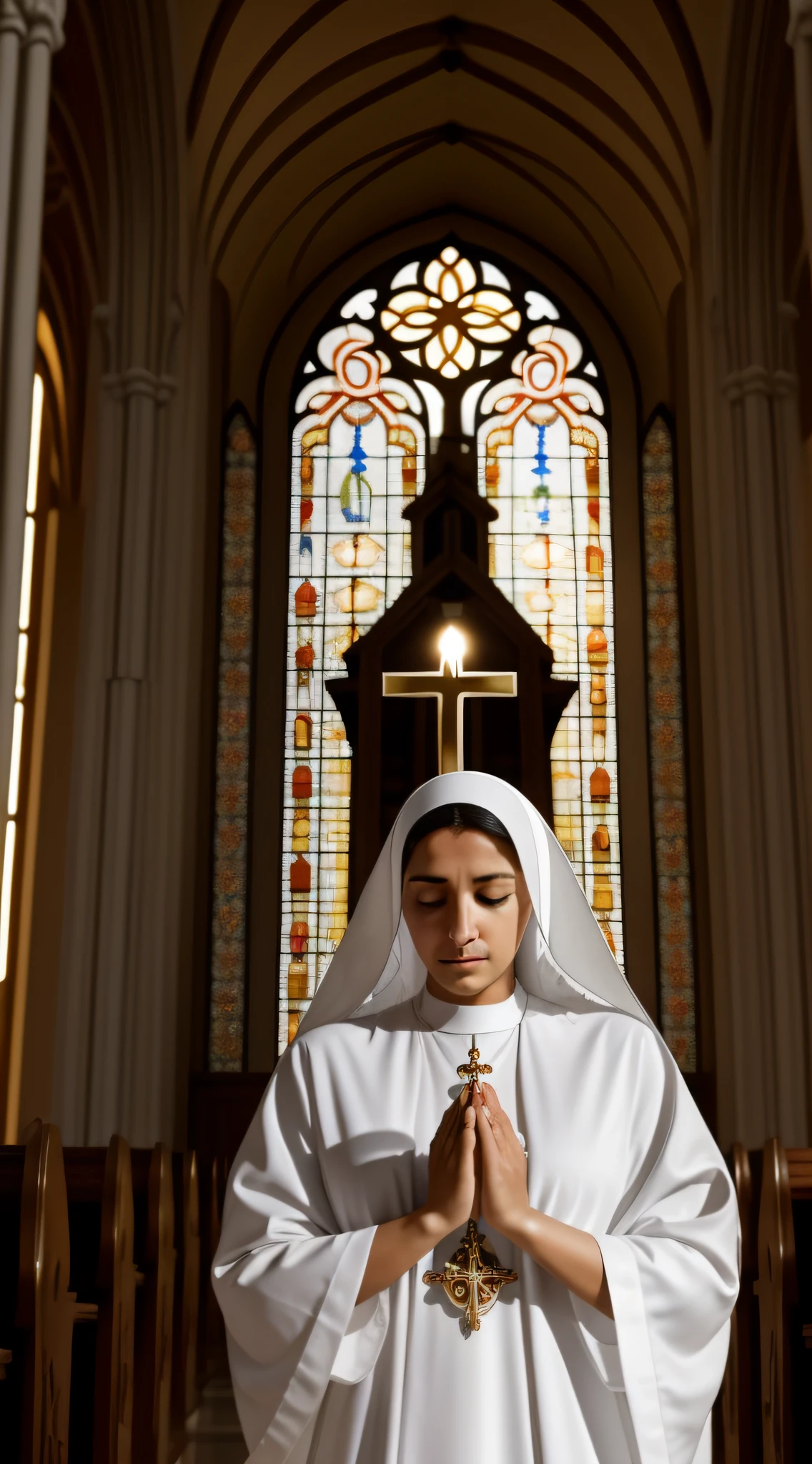 Enter a quiet and reverent scene as a woman gracefully dresses like a nun in a white habit, adorned with delicate religious symbols and accessories. It is within the solemn atmosphere of a beautiful church, surrounded by ornate stained glass windows that project ethereal colors into the serene atmosphere. Os suaves raios de sol filtram-se suavemente, iluminando a cena com um brilho celestial. The woman exudes a sense of inner peace and devotion, with hands clasped in prayer as he embraces the spiritual environment of the sacred space. The serenity and reverence in his expression inspires a sense of calm and contemplation, making it a powerful and deeply moving image of devotion and faith.