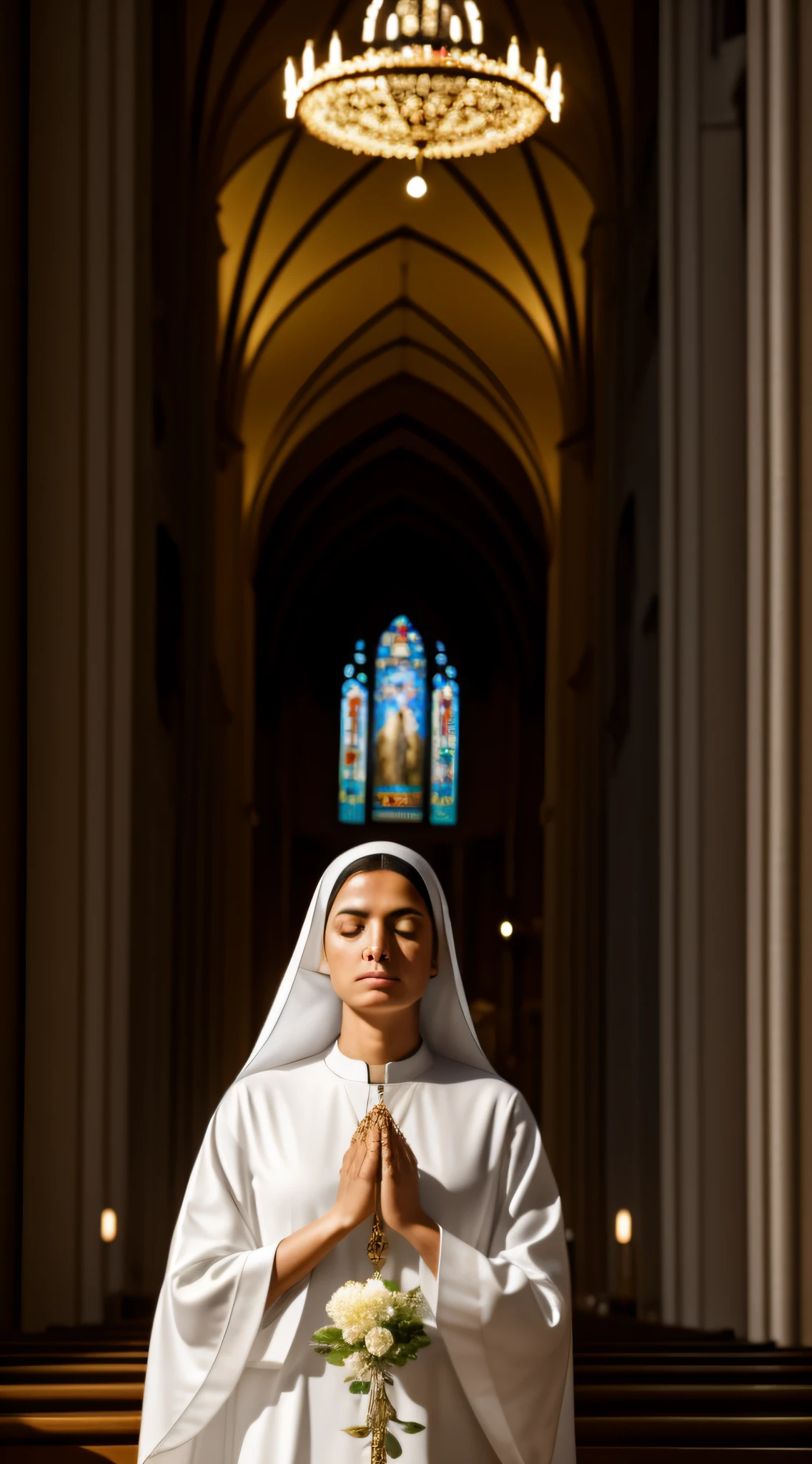 Enter a quiet and reverent scene as a woman gracefully dresses like a nun in a white habit, adorned with delicate religious symbols and accessories. It is within the solemn atmosphere of a beautiful church, surrounded by ornate stained glass windows that project ethereal colors into the serene atmosphere. Os suaves raios de sol filtram-se suavemente, iluminando a cena com um brilho celestial. The woman exudes a sense of inner peace and devotion, with hands clasped in prayer as he embraces the spiritual environment of the sacred space. The serenity and reverence in his expression inspires a sense of calm and contemplation, making it a powerful and deeply moving image of devotion and faith.