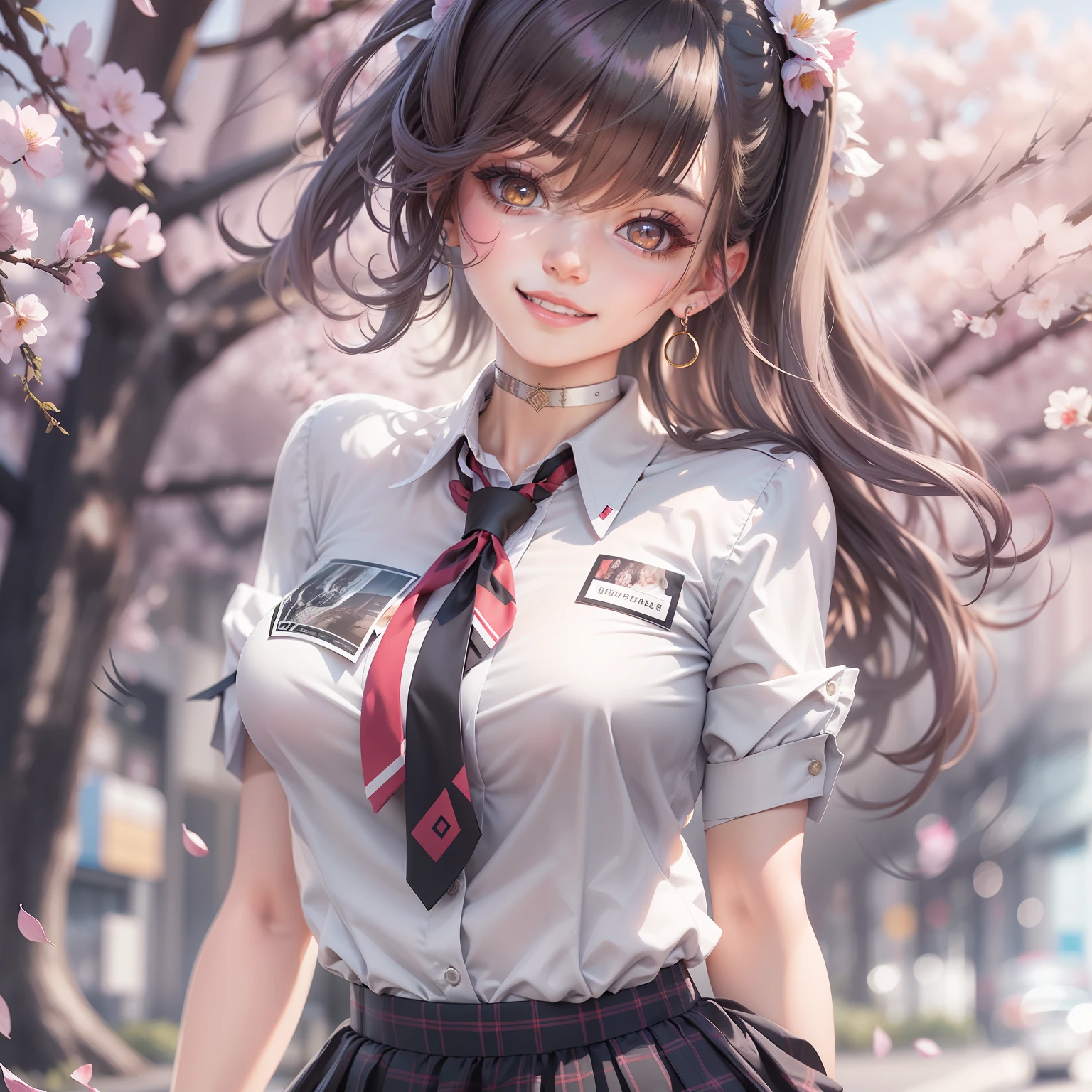 masterpiece, best quality, full body, 1girl, bangs, black choker, black necktie, black hair, blue skirt, blush, bracelet, breasts, choker, clothes around waist, collarbone, collared shirt, cowboy shot, dress shirt, ear piercing, eyebrows visible through hair, gradient hair, grin, gyaru, jewelry, kogal, long hair, looking at viewer, loose necktie, necktie, piercing, plaid, plaid skirt, pleated skirt, red eyes, ring, school uniform, shirt, skirt, smile, solo, white shirt, street, sky, cherry blossoms, petals,illustration, (magazine:1.3), (cover-style:1.3), fashionable, woman, vibrant, outfit, posing, front, colorful, dynamic, background, elements, confident, expression, holding, statement, accessory, majestic, coiled, around, touch, scene, text, cover, bold, attention-grabbing, title, stylish, font, catchy, headline, larger, striking, modern, trendy, focus, fashion,