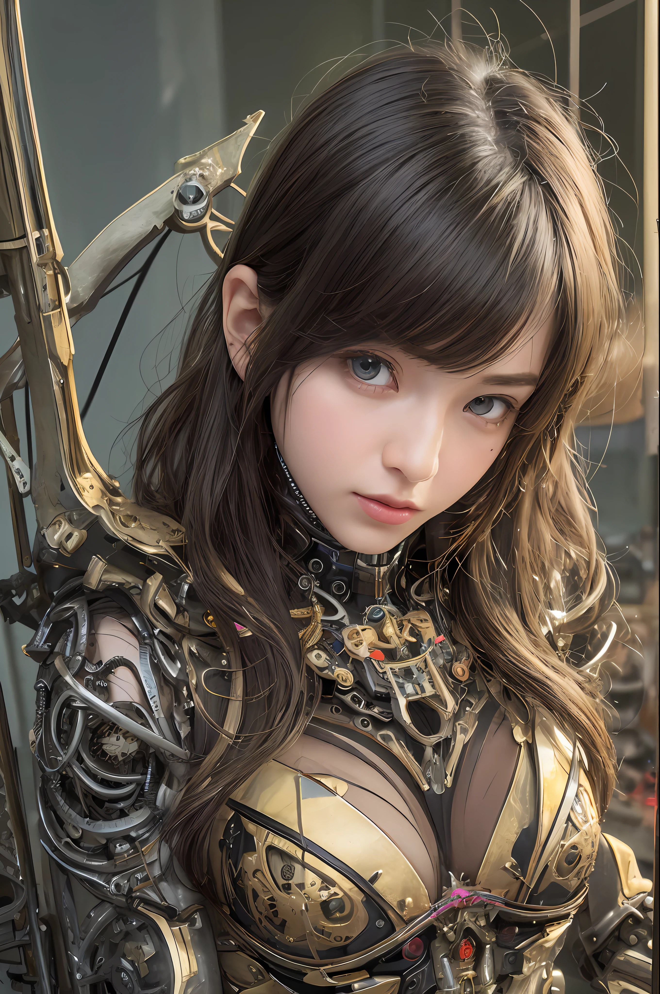 top-quality、​masterpiece、超A high resolution、(Photorealsitic:1.4)、Raw photo、女の子1人、Black hair、glowy skin、1 Mechanical Angel Girl、Metal Wings、((super realistic details))、portlate、globalillumination、Shadow、octan render、8K、ultrasharp、huge tit、Raw skin is exposed in cleavage、metals、Details of complex ornaments、Steampunk details、vacuum tubes、Nixie Kan、Oil pressure gauge、Glass Kan、Analog Meter、gear wheel、gear、Golden hydraulic cylinder、highly intricate detail、Realistic light、CGSoation Trends、a purple eye、radiant eyes、Facing the camera、neon details、Mechanical limbs、blood vessels connected to tubes、Mechanical vertebrae attached to the back、mechanical cervical attaching to neck、sitting on、Wires and cables connecting to the head、Gundam、Small LED lamp、