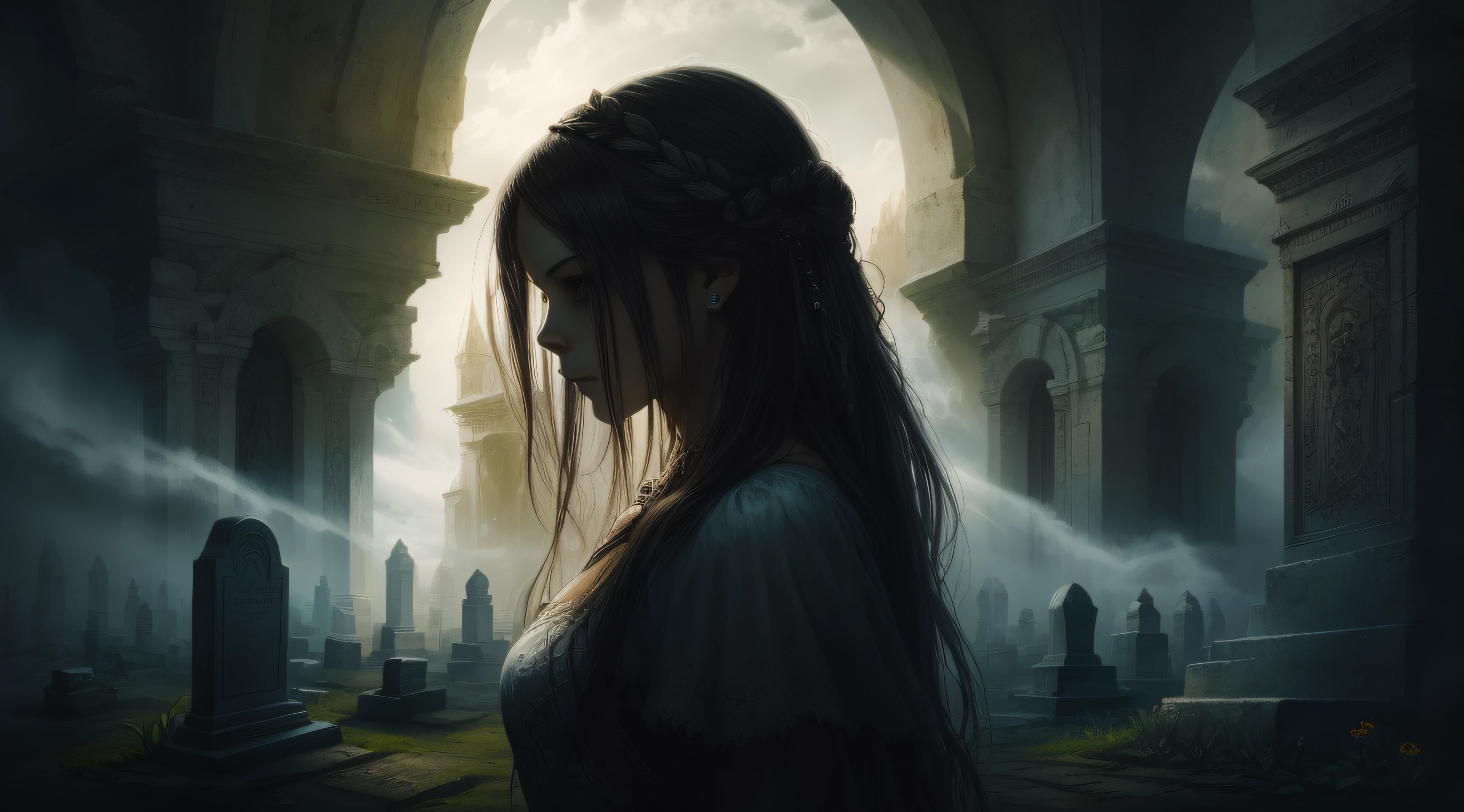 woman, close up, goth, ethereal mist, Royo, backlit, graveyard in background, fantasy concept art, highly detailed, high resolution, high quality, epic, cinematic