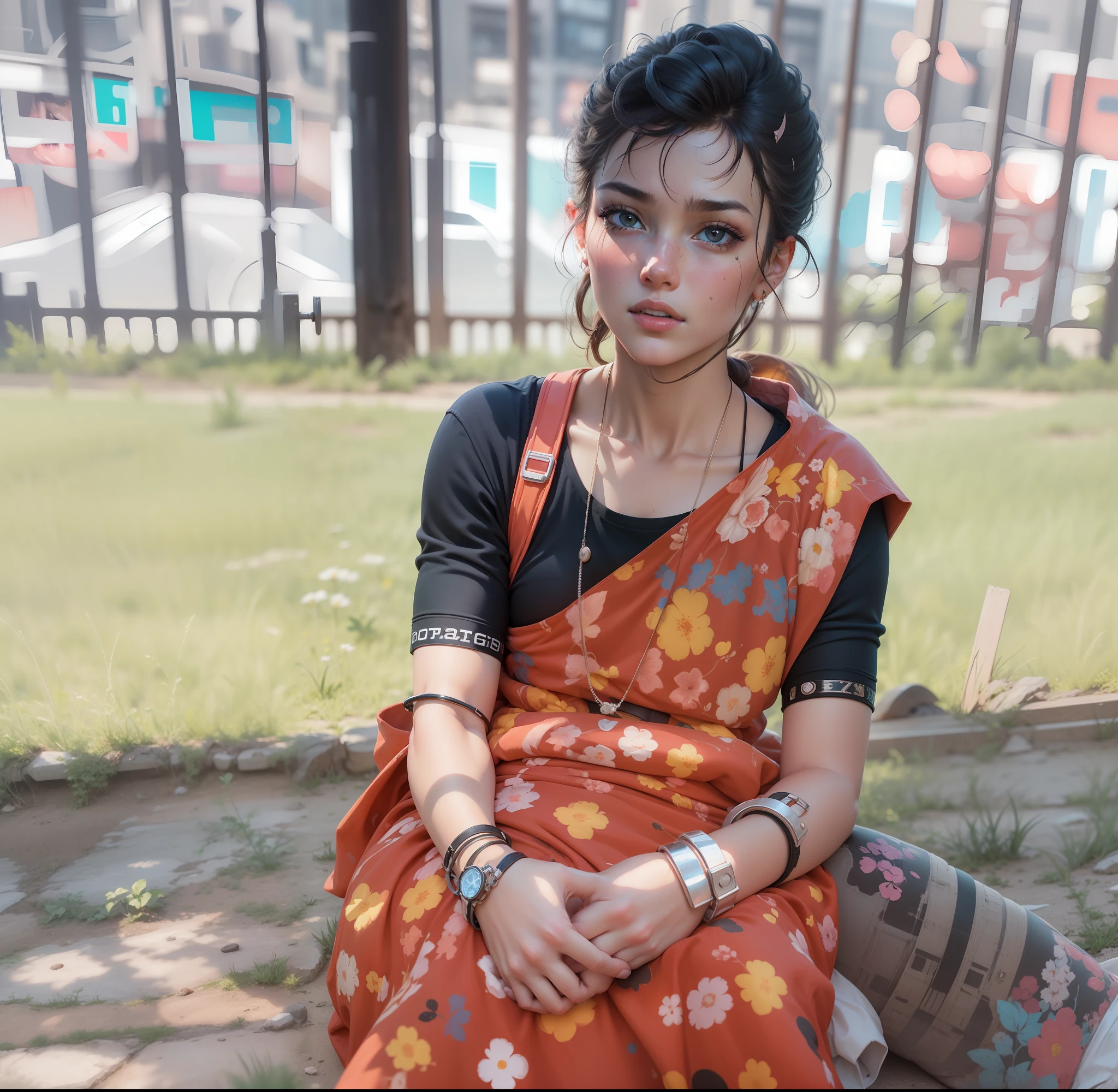 Cyberpunk neon toddler realistic face nature handsome girl