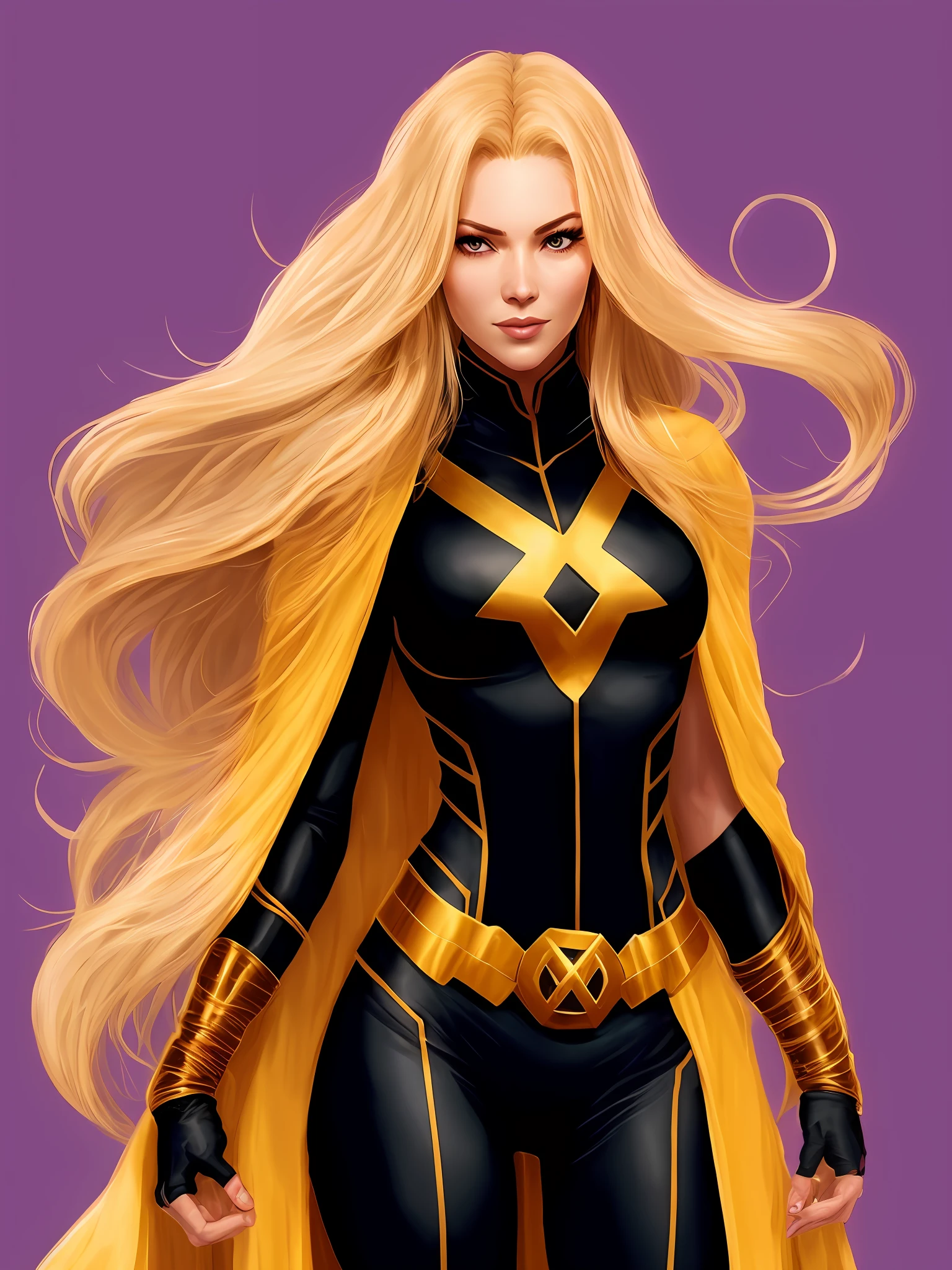 a woman with long blonde hair standing in front of a purple background, marvel concept art, yellow-robed cultist, inspired by Sun Long, with black. magic powers, hyper-reslistic, nova, black circle, golden ribbons, dd, jean grey, dota