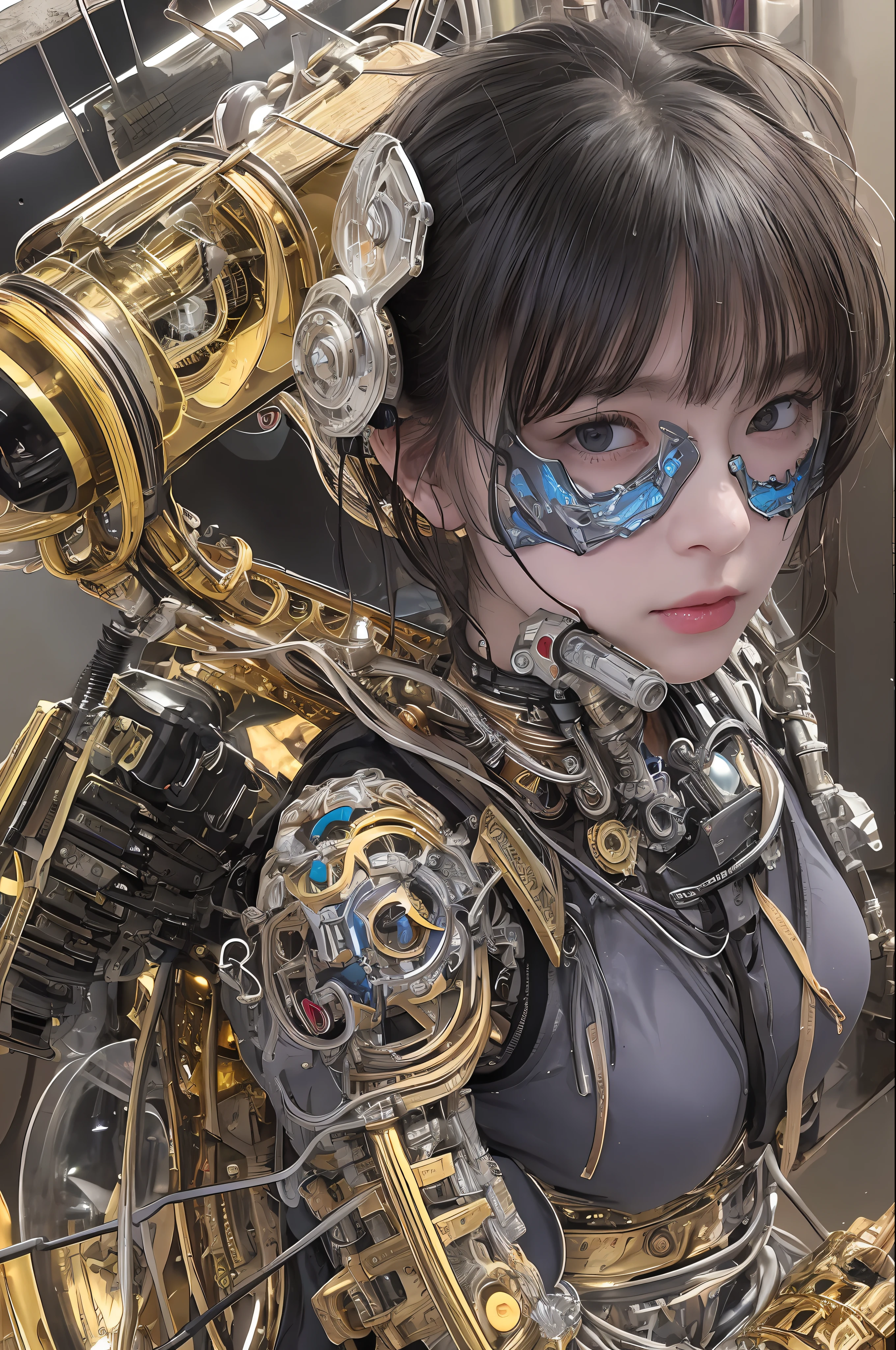 top-quality、​masterpiece、超A high resolution、(Photorealsitic:1.4)、Raw photo、女の子1人、Black hair、glowy skin、1 Mechanical Angel Girl、Metal Wings、((super realistic details))、portlate、globalillumination、Shadow、octan render、8K、ultrasharp、huge tit、Raw skin is exposed in cleavage、metals、Details of complex ornaments、Steampunk details、vacuum tubes、Nixie Kan、Oil pressure gauge、Glass Kan、Analog Meter、gear wheel、gear、Golden hydraulic cylinder、highly intricate detail、Realistic light、CGSoation Trends、a purple eye、radiant eyes、Facing the camera、neon details、Mechanical limbs、blood vessels connected to tubes、Mechanical vertebrae attached to the back、mechanical cervical attaching to neck、sitting on、Wires and cables connecting to the head、Gundam、Small LED lamp、