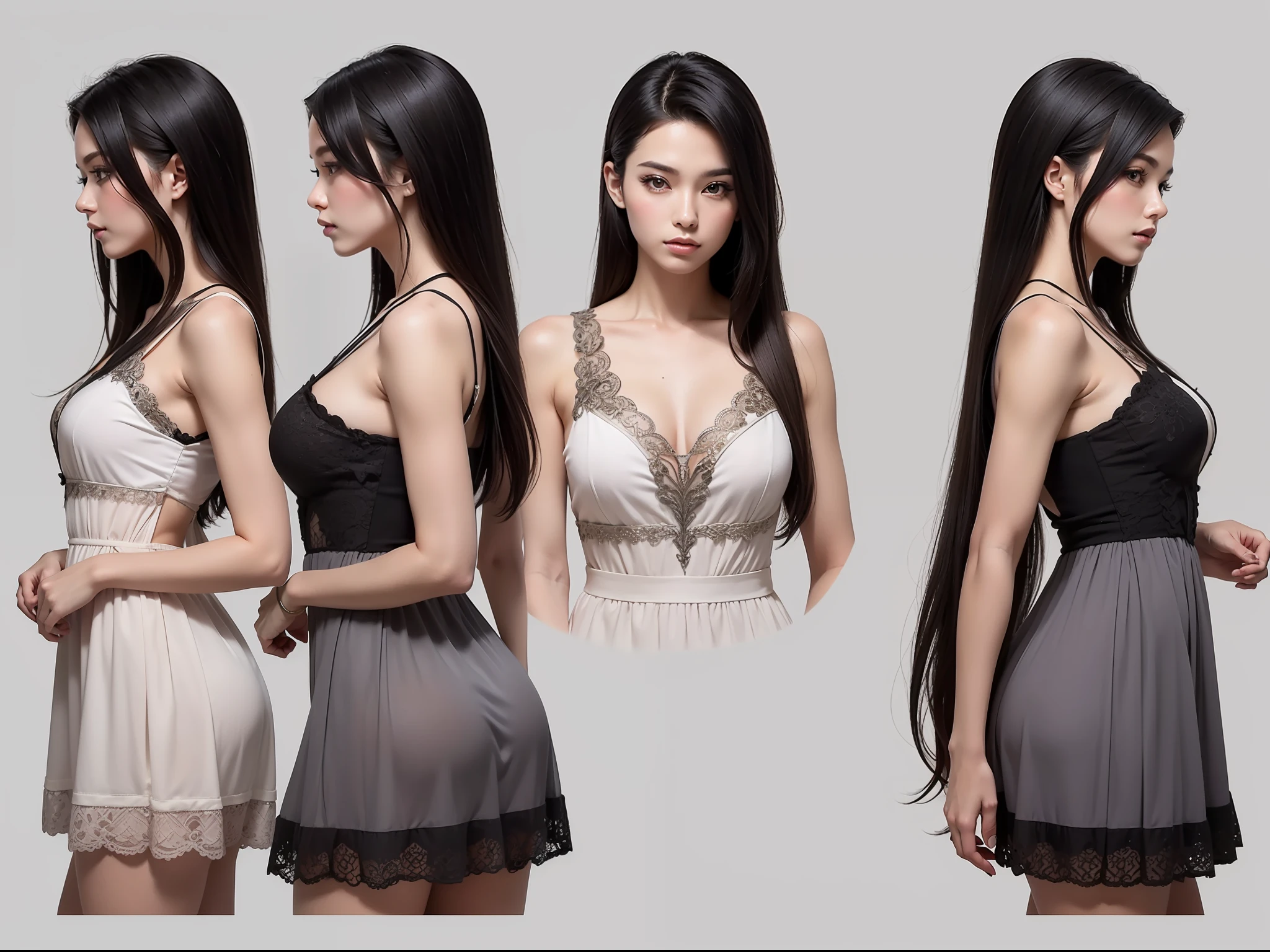 (masterpiece), ultra-detailed, 3 views, front view, side view , back view, different hairs design, character sheet or reference sketch of a mature girl, with a pastel color dress, she has long straight hair and black hair, ultra-realistic and sharp detail and intricate, intricate details, and style, simple background illustration