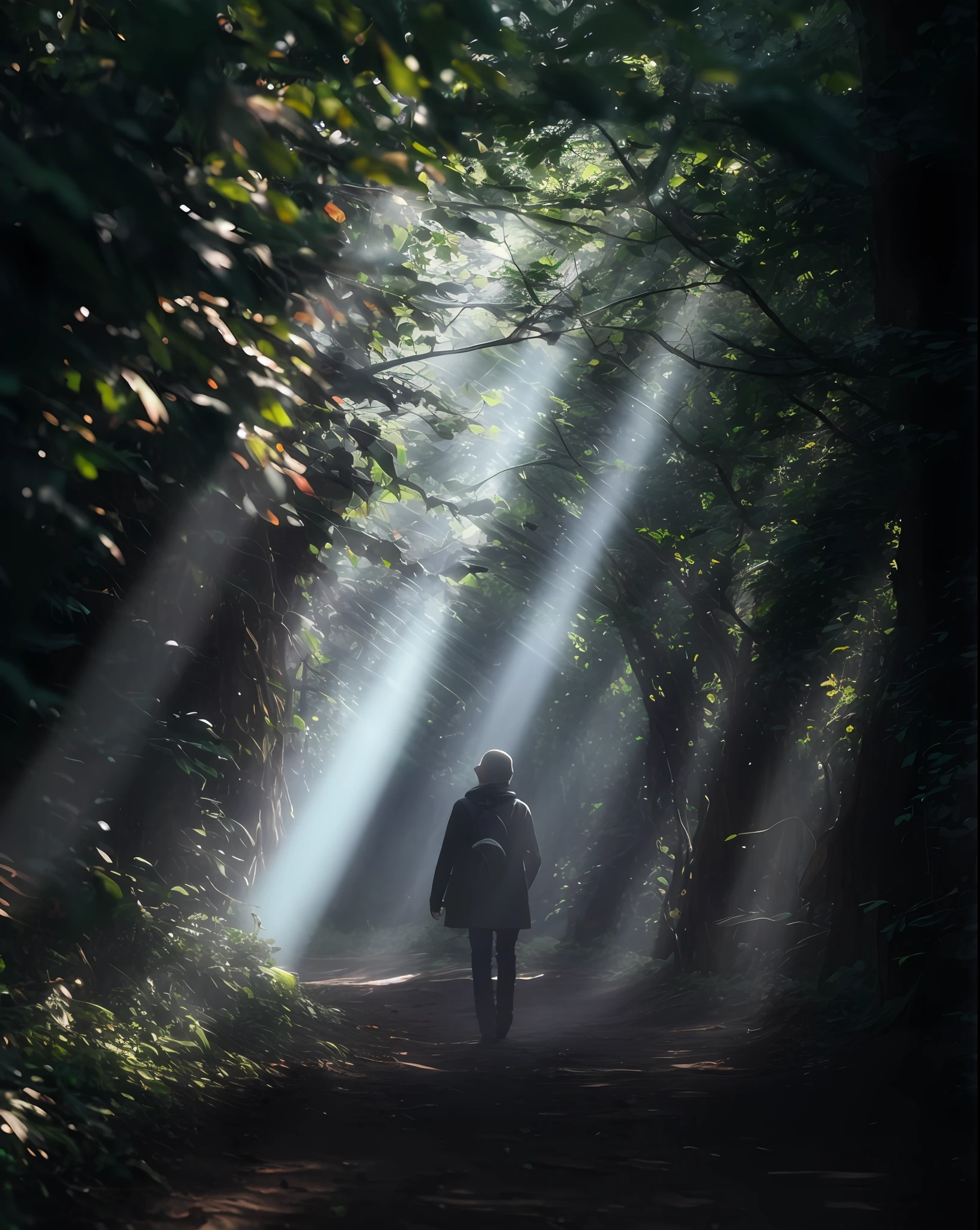 arafed person walking down a path in a forest with sunbeams, rays of life, beams of sunlight, beams of light, holy light rays, some rays of light, rays of light, standing under a beam of light, unsplash contest winning photo, shafts of light, sunlight beams, standing in the mystical forest, light coming through, sunlight rays