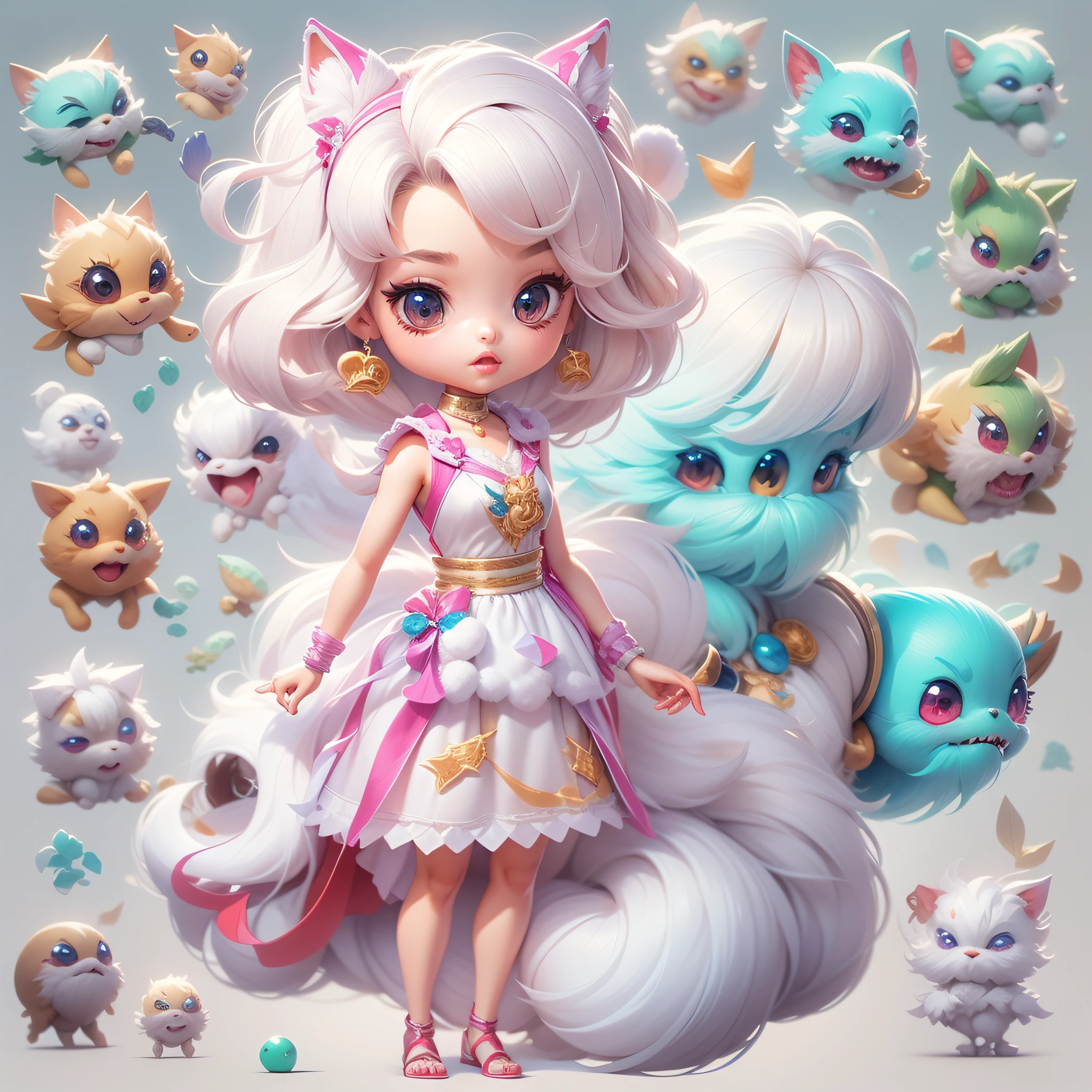 Masterpiece,High Quality,High resolution,The highest resolution,White background,solid color background,transparent background,no background,remove background,Complicated details,Highest quality,game icon,game icon institute,cartoon_style,full body,Cute Fluffy Barbie Monster,all separated