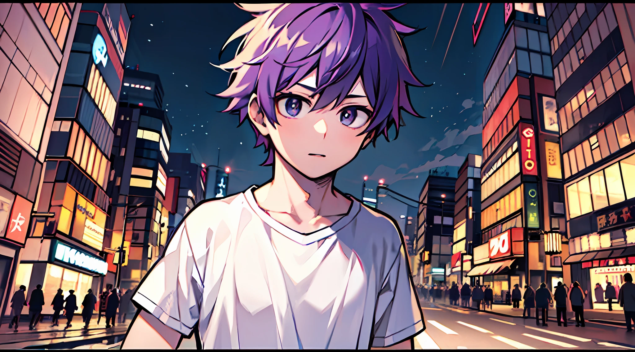 top-quality、​masterpiece、Night Background、Time is night、Boy with purple hair、Deformed、Wearing a white t-shirt and jeans、eyes are brown、Intersection of TOKYO at night、dark sky、Dynamic poses、Perspective composition