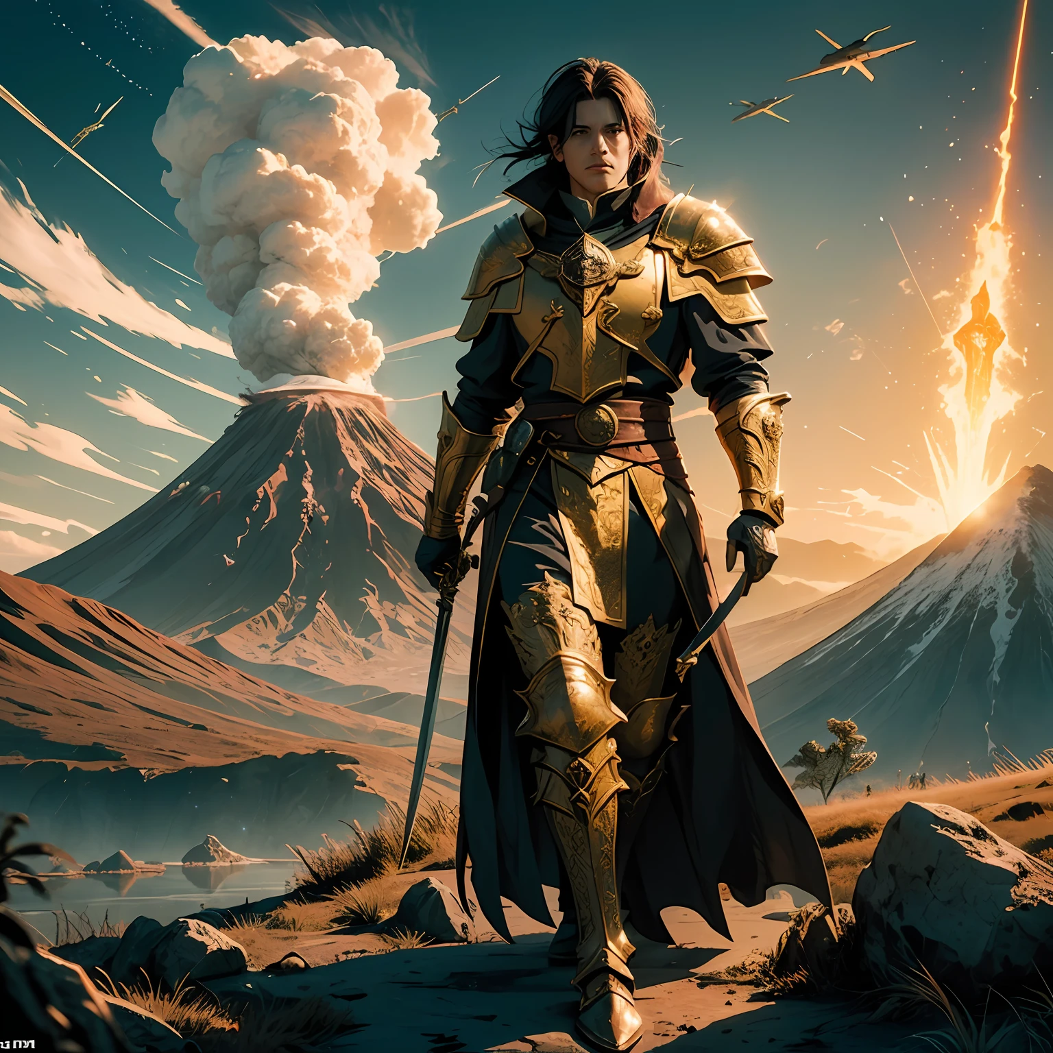Golden draconate in front of a volcano with a zoom facing his head and two swords on his back as a dnd character, Fantasia D&Personagem D, dressed like a cleric, como um d & Personagem D, Caractere DND, d&D c --auto