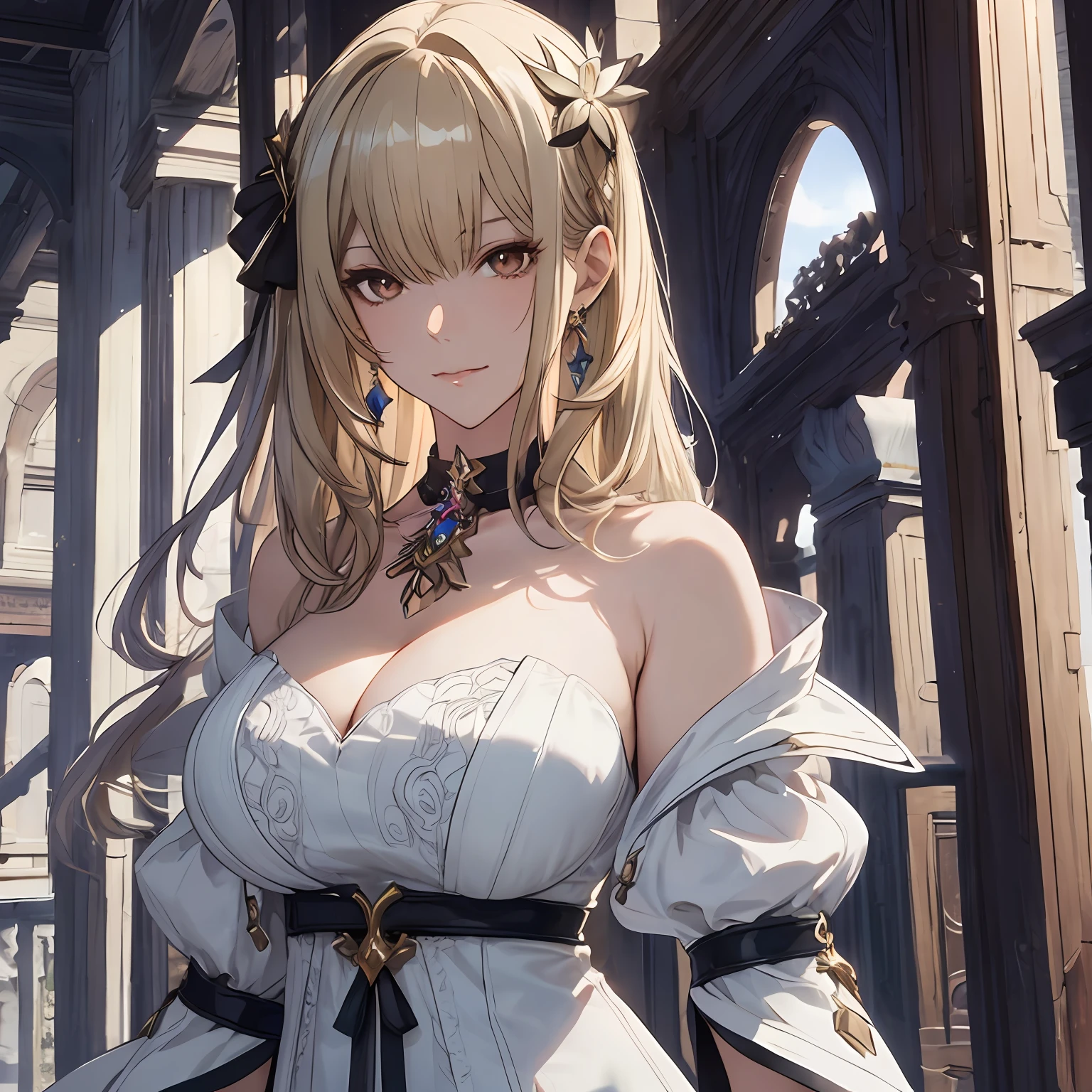 masterpiece, best quality, 1woman, adult, female focus, solo, blonde hair, vibrant brown eyes, looking at viewer, closed mouth, bangs, Fantasy aesthetics, Highly detailed, shadowverse style, human ear, white dress, big breast, thick