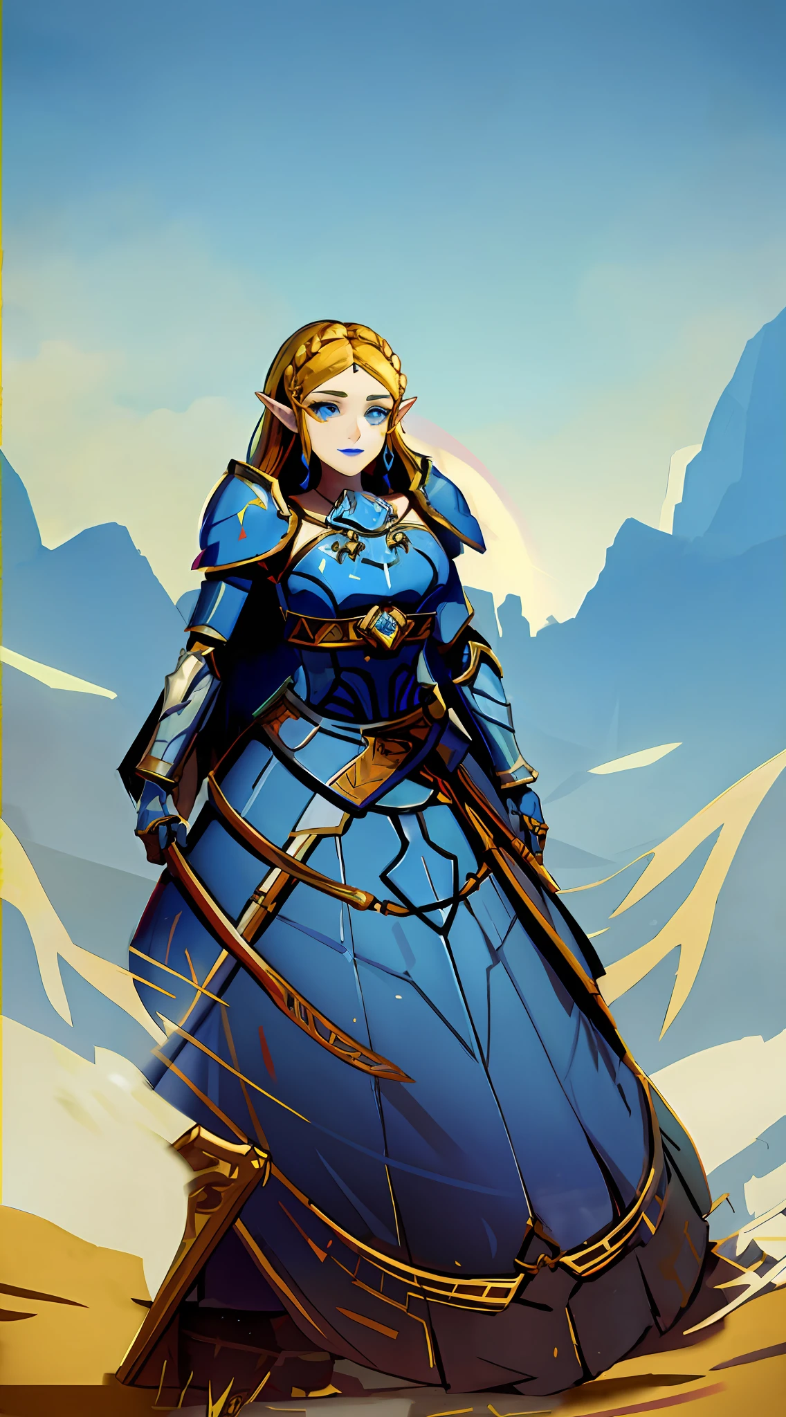 there is a woman in a blue dress standing in the desert, blue armor, in opal armor, zelda style art, zelda, female paladin, pale blue armor, botw style, elf princess knight, zelda botw, portrait of female paladin, gorgeous female paladin, portrait of princess zelda, princess zelda, dressed in light armor, fantasy paladin woman, wearing royal blue lipstick, closed smirk