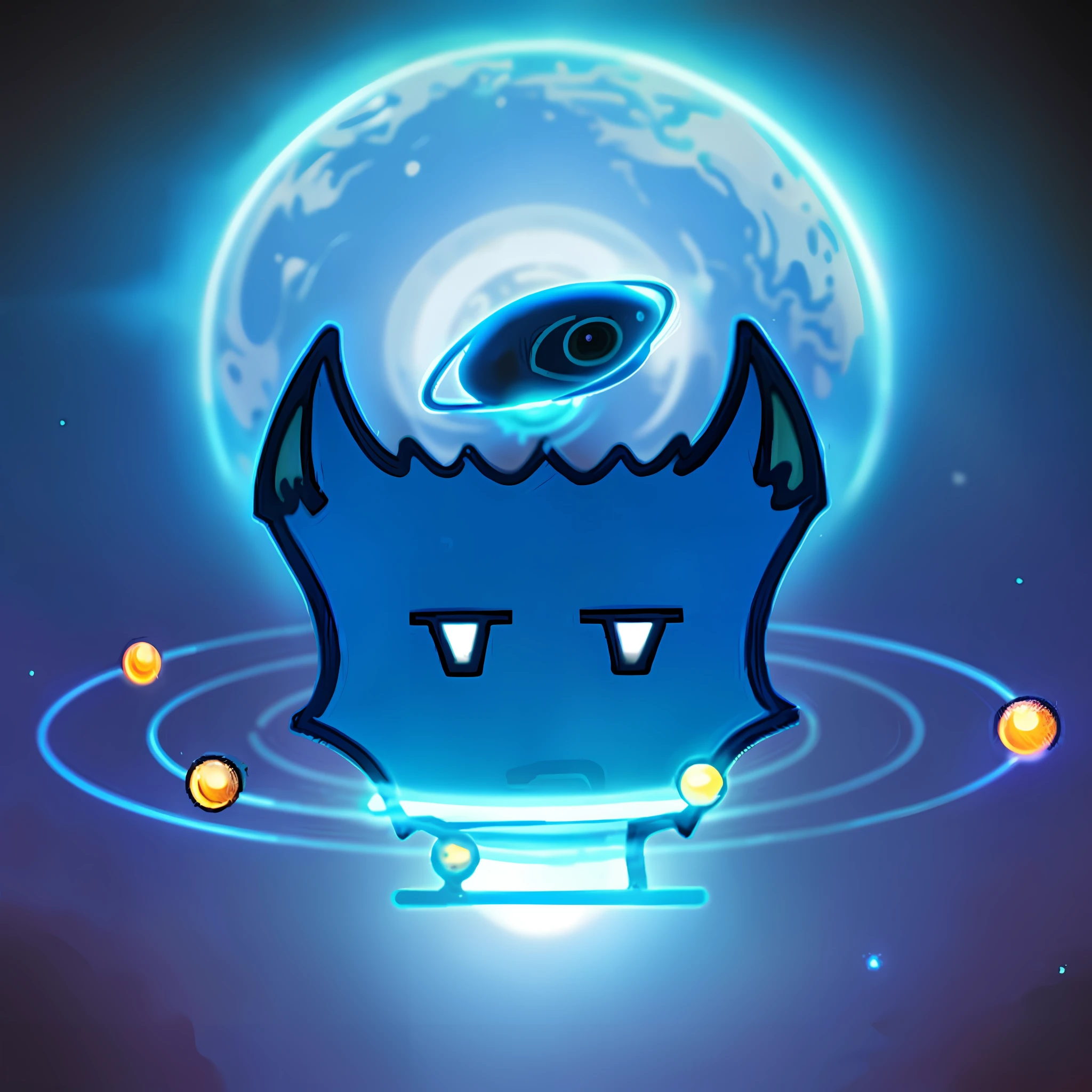 Cartoon alien cat with eyes and glowing halo before full moon, galactic deity, Mobile game art, Galactic entity, android mystic, alien god, mobile game style, game icon stylized, cosmic entity, inafune design, space alien, cute cyber gods, Glovin eyes, many terrible eyes in space, game icon asset
