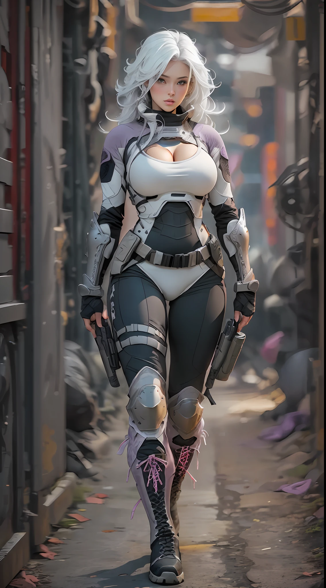 Grey, pink, white, purple, (long white hair woman), (full body shot), (tribal tattoos:1.1), (muscular:1.1), athletic, big breasts, cleavage, sexy, erotic, (tactical techwear clothes:1.1), (armor:1.1), (tactical boots:1.1), abstract lines and circles background