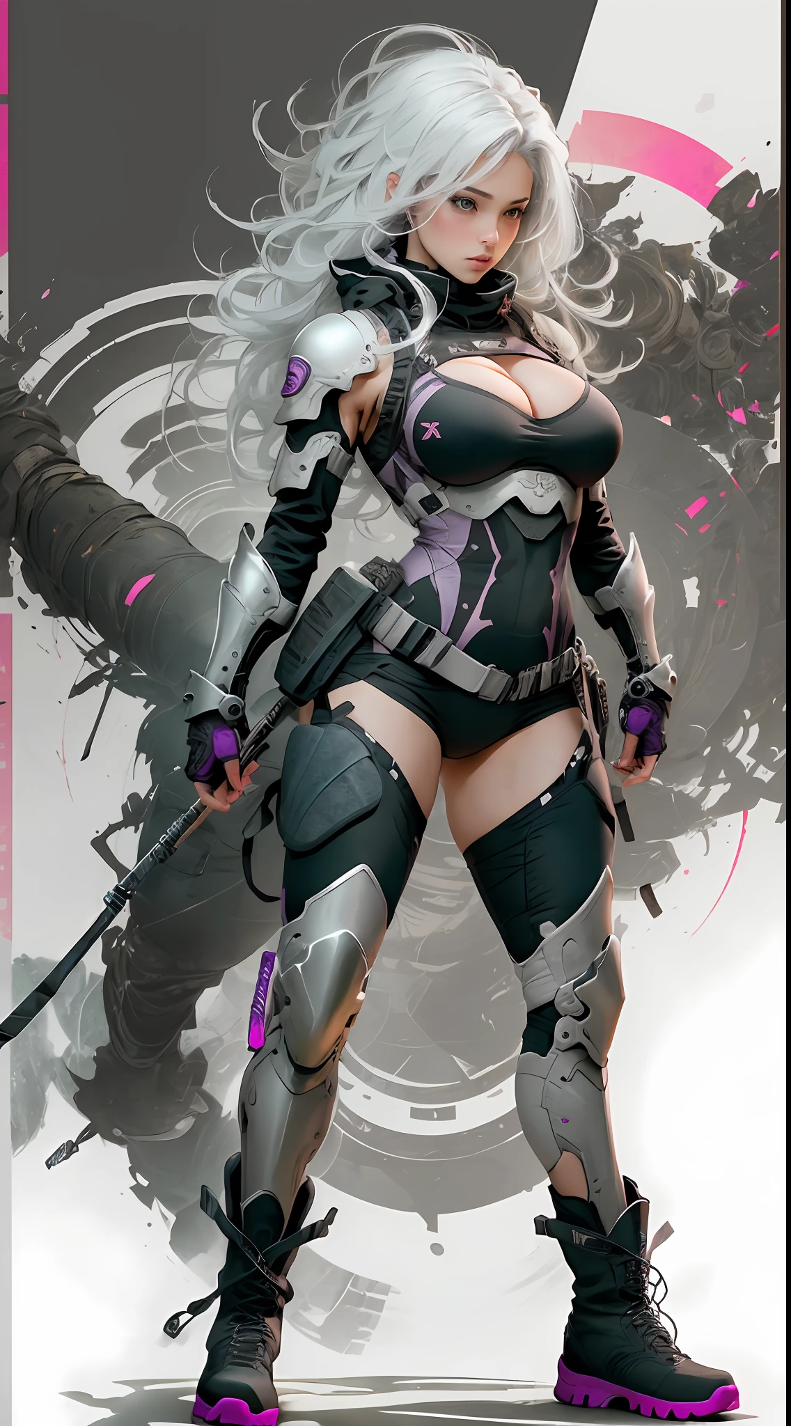 Grey, pink, white, purple, (long white hair woman), (full body shot), (tribal tattoos:1.1), (muscular:1.1), athletic, big breasts, cleavage, sexy, erotic, (tactical techwear clothes:1.1), (armor:1.1), (tactical boots:1.1), abstract lines and circles background