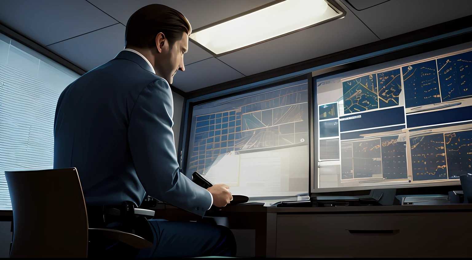 A perfect photo of a detective inside an office analyzing a board of an investigation , (best quality, photorealistic, hyper realistic, masterpiece, ultra realistic), HDR, 8k resolution, high resolution, high detail, --auto