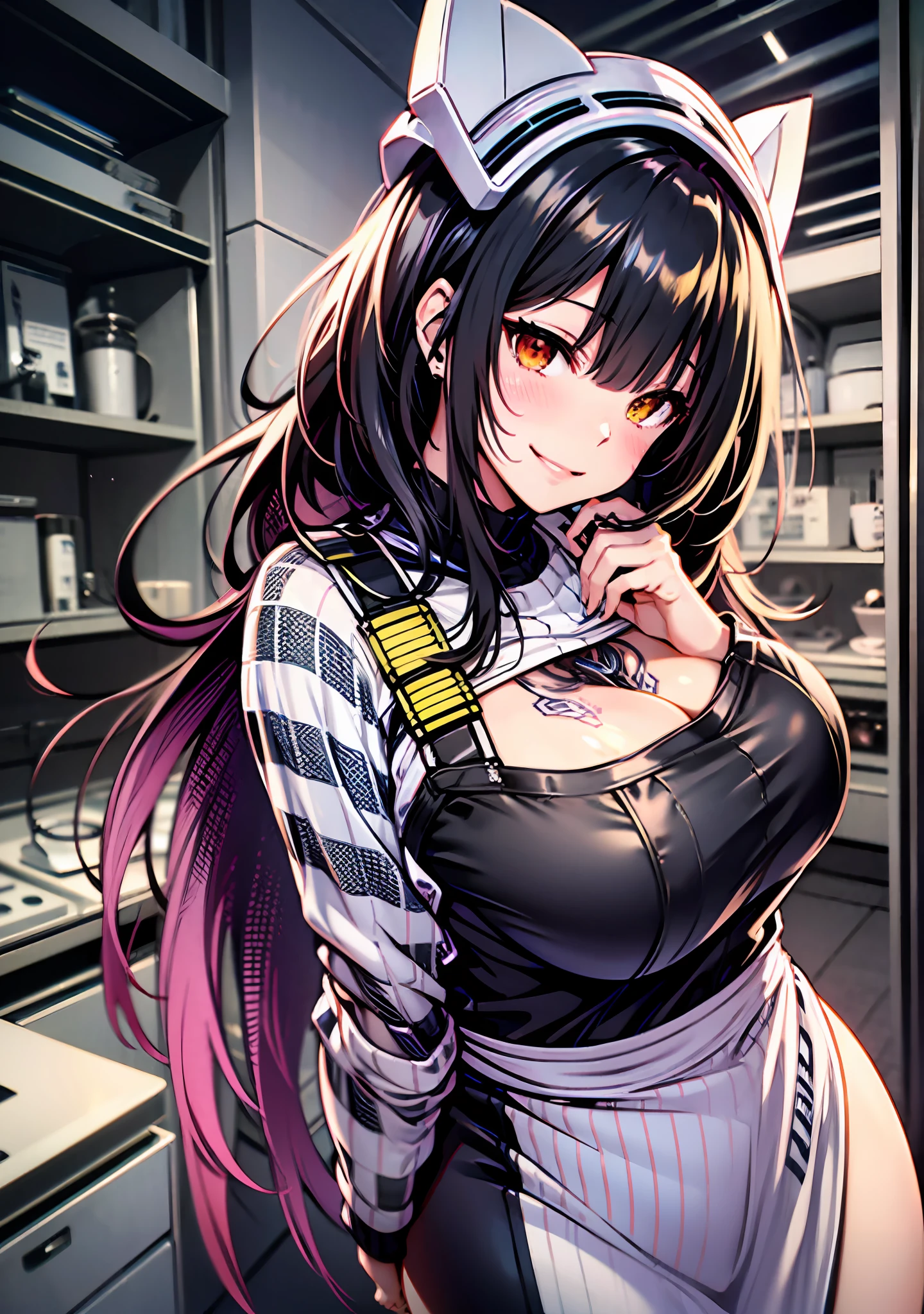 Masterpiece, high quality, ultra quality, best lighting, 1girl, ((tokisaki kurumi)), tokisaki kurumi, long hair, black hair, low twintails, monochrome, ((right red eye:1, left yellow eye:1)), apron, ((apron)), ((big breast)), ((big thigh)), smile, blush, cute face, ((gesugao face)), standing, sexy body, sexy, tattooed full body, looking at viewer, large the breast, nsfw, (((cyber)))