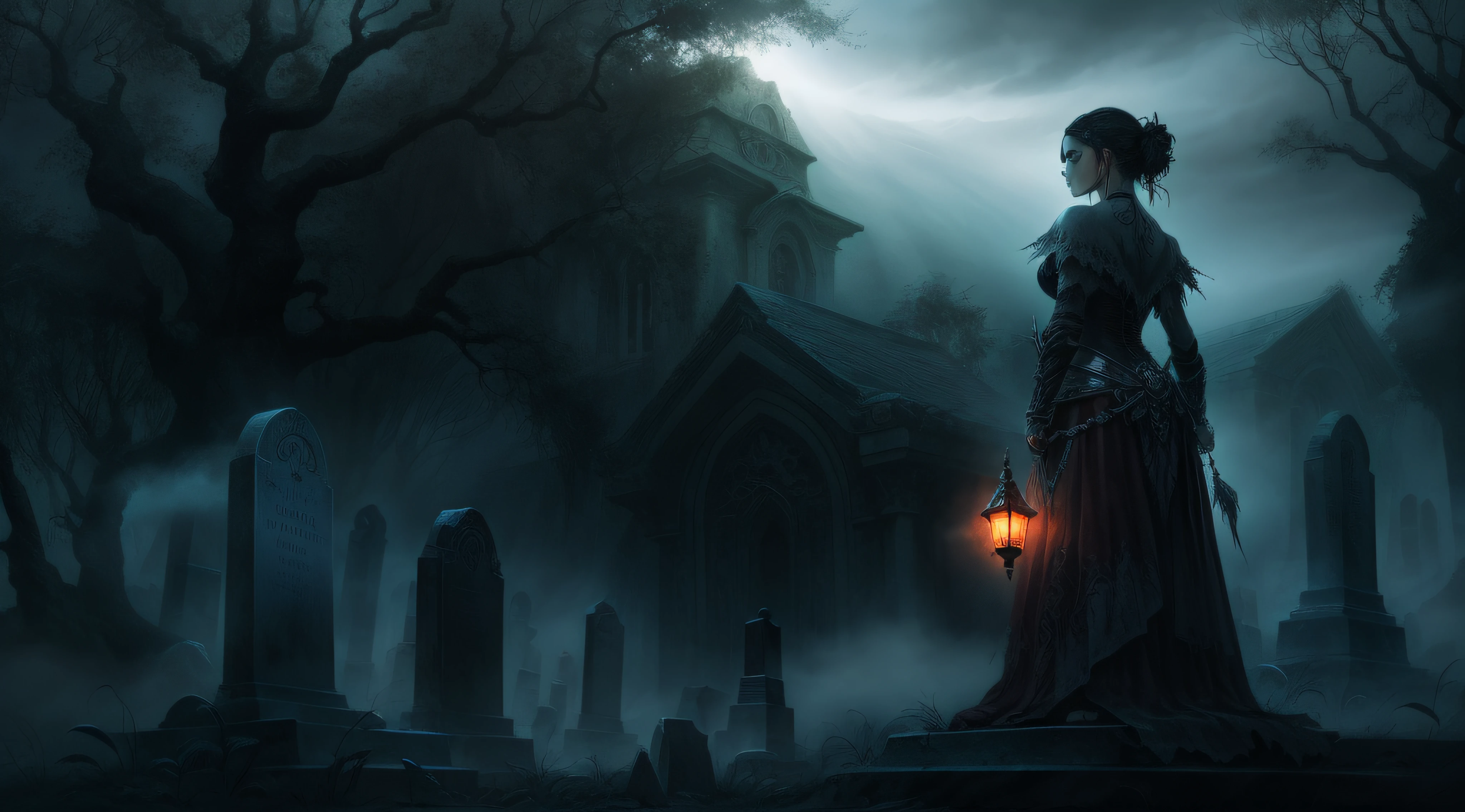 woman, close up, goth, ethereal mist, Royo, backlit, graveyard in background, fantasy concept art, highly detailed, high resolution, high quality, epic, cinematic