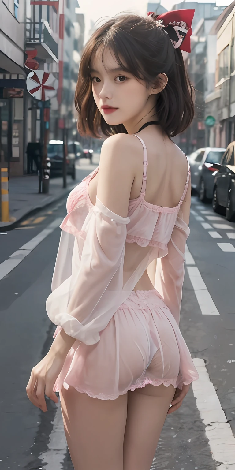 (RAW Photos、top-quality)、(realisitic、Photorealsitic:1.3)、extremely delicate and beautiful、magnifica、finely detail、masterpiece、ultra-detailliert、hight resolution、(The best illustrations)、(Best Shadows)、hi-school girl、A dark-haired、In the street、outside of house、a miniskirt、japanes、showing underwear、Ren Hao、pinkcolor、teats、Naked milk、Sateen、