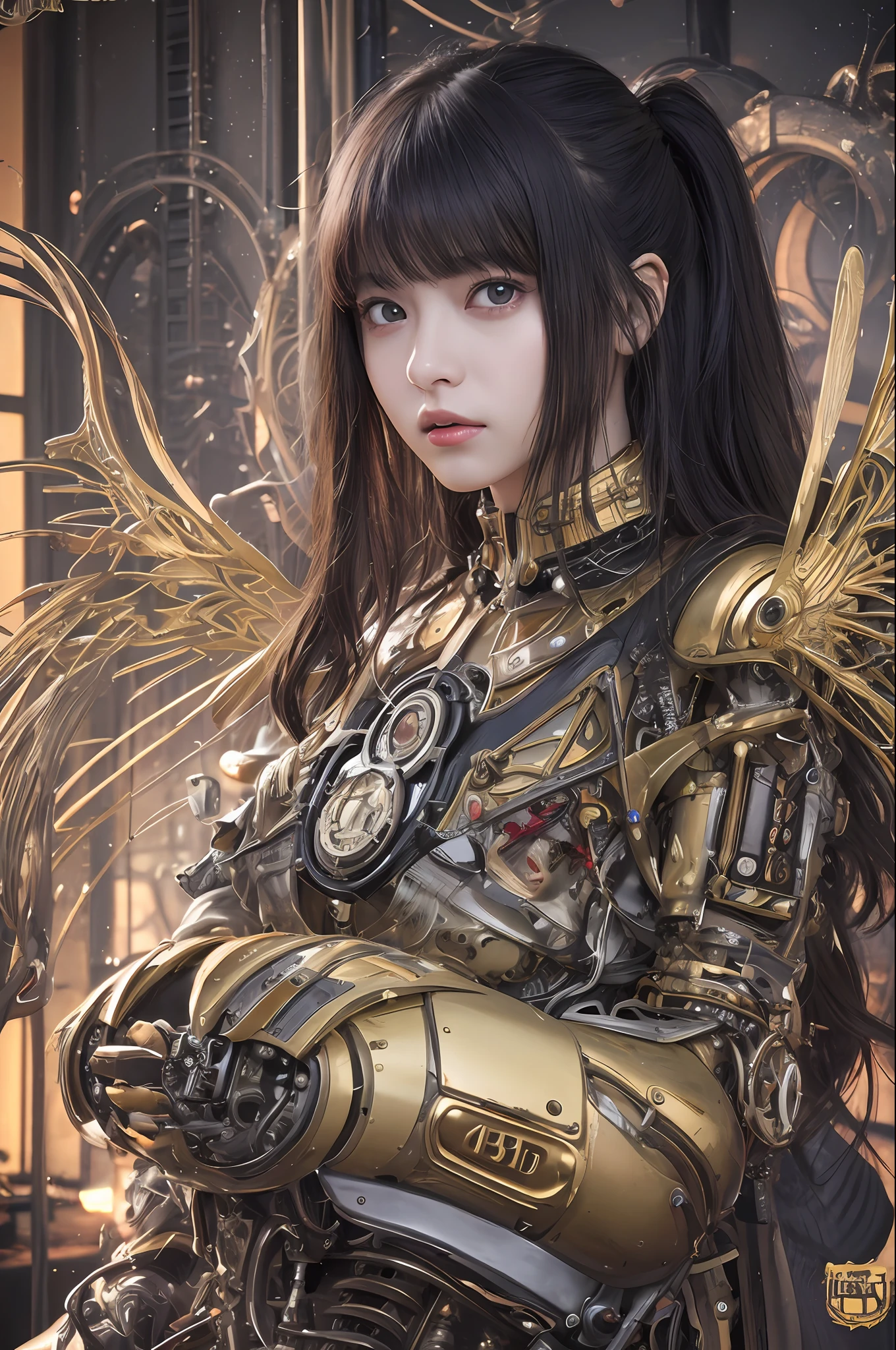 top-quality、masterpiece、超A high resolution、(Photorealsitic:1.4)、Raw photo、1人、Black hair、glowy skin、1. Mechanical Angel Girl、Metal wings、((super realistic details))、portlate、globalillumination、Shadow、octan render、8K、ultrasharp、Colossal tits、Raw skin is exposed in cleavage、metals、Details of complex ornaments、Steampunk details、vacuum tubes、Nixie Kan、Oil pressure gauge、Glass Kan、Analog Meter、gear wheel、gear、Golden hydraulic cylinder、highly intricate detail、Realistic light、CGSoation Trends、a purple eye、radiant eyes、Facing the camera、neon details、Mechanical limbs、blood vessels connected to tubes、Mechanical vertebrae attached to the back、mechanical cervical attaching to neck、sitting on、Wires and cables connecting to the head、Gothloli details、Small LED lamp、