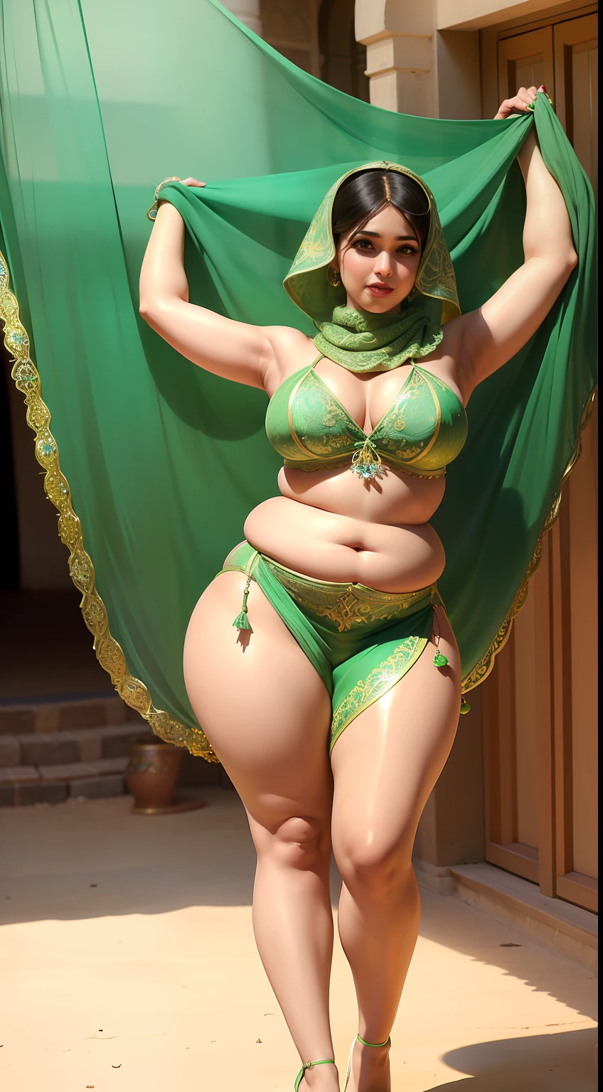 perfect face beautiful (arab:1.5) doctor in lace bra and saree wlop perfect full HDR body exposed midriff highleg loli (flat chest) curvy indian (armpits:1.4) bellydancer 8k chubby high res knees ankles , (plump:1.2) , cleavage (shiny skin:1.2) (full body shot:1.5) (high heels:1.5) lace bra dancing for men thong (sahara:1.4) (green theme:1.3)