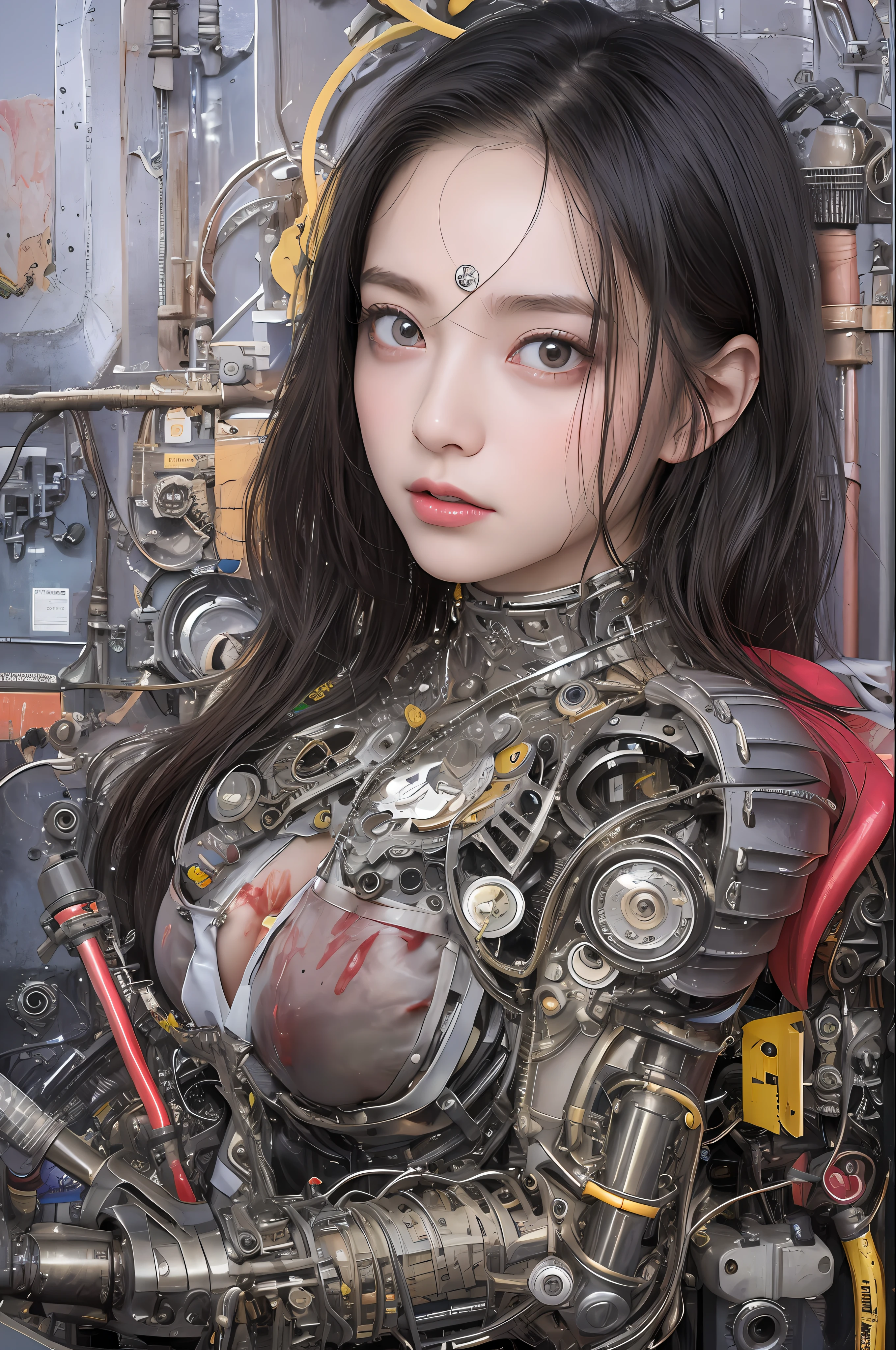 top-quality、​masterpiece、超A high resolution、(Photorealsitic:1.4)、Raw photo、1人、Black hair、glowy skin、1. Mechanical Angel Girl、Metal wings、((super realistic details))、portlate、globalillumination、Shadow、octan render、8K、ultrasharp、Colossal tits、Raw skin is exposed in cleavage、metals、Details of complex ornaments、Steampunk details、vacuum tubes、Nixie Kan、Oil pressure gauge、Glass Kan、Analog Meter、gear wheel、gear、Golden hydraulic cylinder、highly intricate detail、Realistic light、CGSoation Trends、a purple eye、radiant eyes、Facing the camera、neon details、Mechanical limbs、blood vessels connected to tubes、Mechanical vertebrae attached to the back、mechanical cervical attaching to neck、sitting on、Wires and cables connecting to the head、Gothloli details、Small LED lamp、
