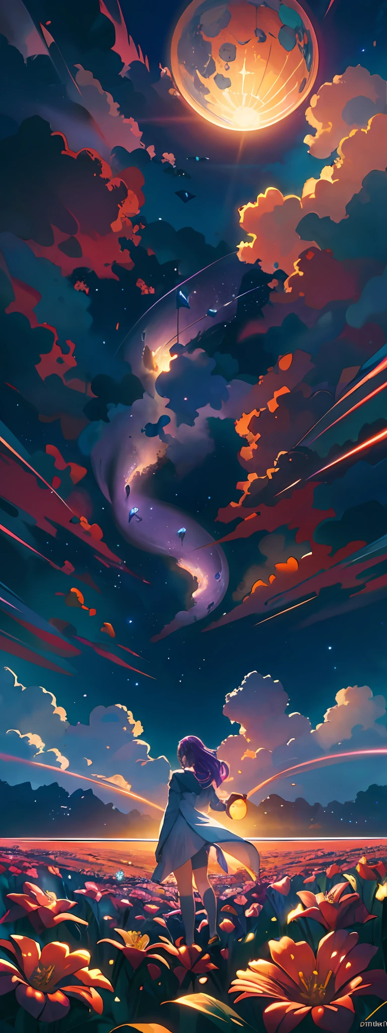 expansive landscape photograph , (a view from below that shows sky above and open field below), a girl standing on flower field looking up, bright sunny day (clouds:1.2), distant mountain, tree BREAK
production art, lot of purple and orange, intricate details, volumetric lighting, realism BREAK
(masterpiece:1.2), detailed shadows, (best quality), 4k, ultra-detailed, (dynamic composition:1.4), highly detailed, colorful details,( iridescent colors:1.2), (glowing lighting, atmospheric lighting), dreamy, magical, (solo:1.2)