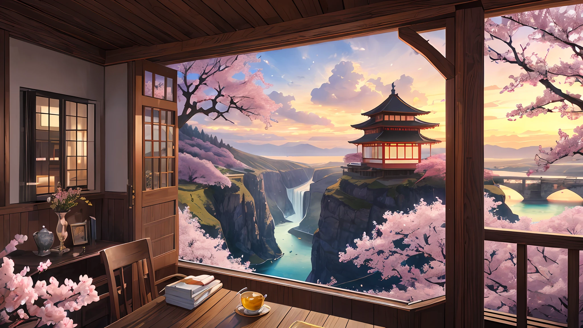 (tmasterpiece, beste-Qualit: 1.2), overdetalization, 电影灯光, HDR, illustartion, landscape, rise, Cherry blossoms, impressive, cold, inspiring, waterfalls, A house on the shore, Warm light in the windows