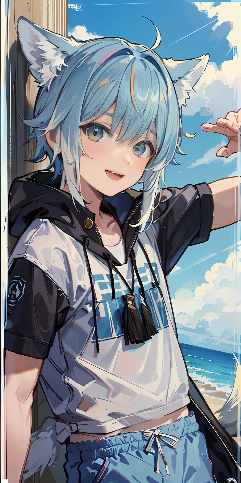 1boy，Shota，(high-definition quality，Masterpiece level)，Fresh and cold boy character，Wolf ears、Wolf Tail highlights the sense of belonging to the character，Heterochromatic eyes and the color of light blue hair echo each other，with clean lines，Show the modesty and confidence of the character，tmasterpiece, lightblue hair, Heterochromic eyes,(Wolf ears),(Wolf tail)，One tail，A young boy with，Have by the sea，Light swimwear jacket，musculature，Lean body type，laughing very happily，Dull hair，Brown pick dye，Four-corner swimming trunks，with fair skin
